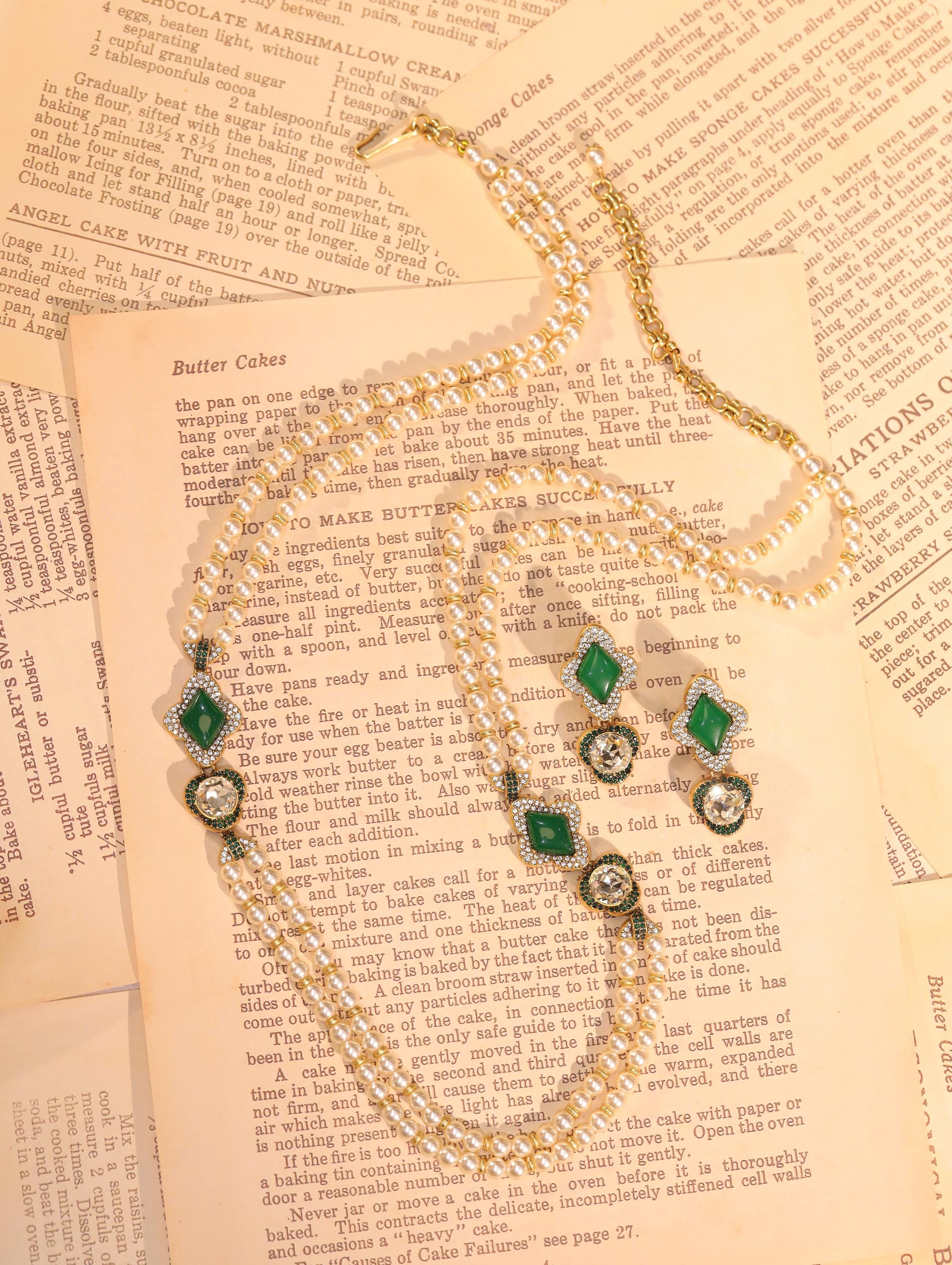 Handcrafted Jade & Swarovski Pearl Necklace Set, Luxury Artisan Jewelry, 18K Gold Royal Statement, High-End Bridal Gala Jewelry  Collectors