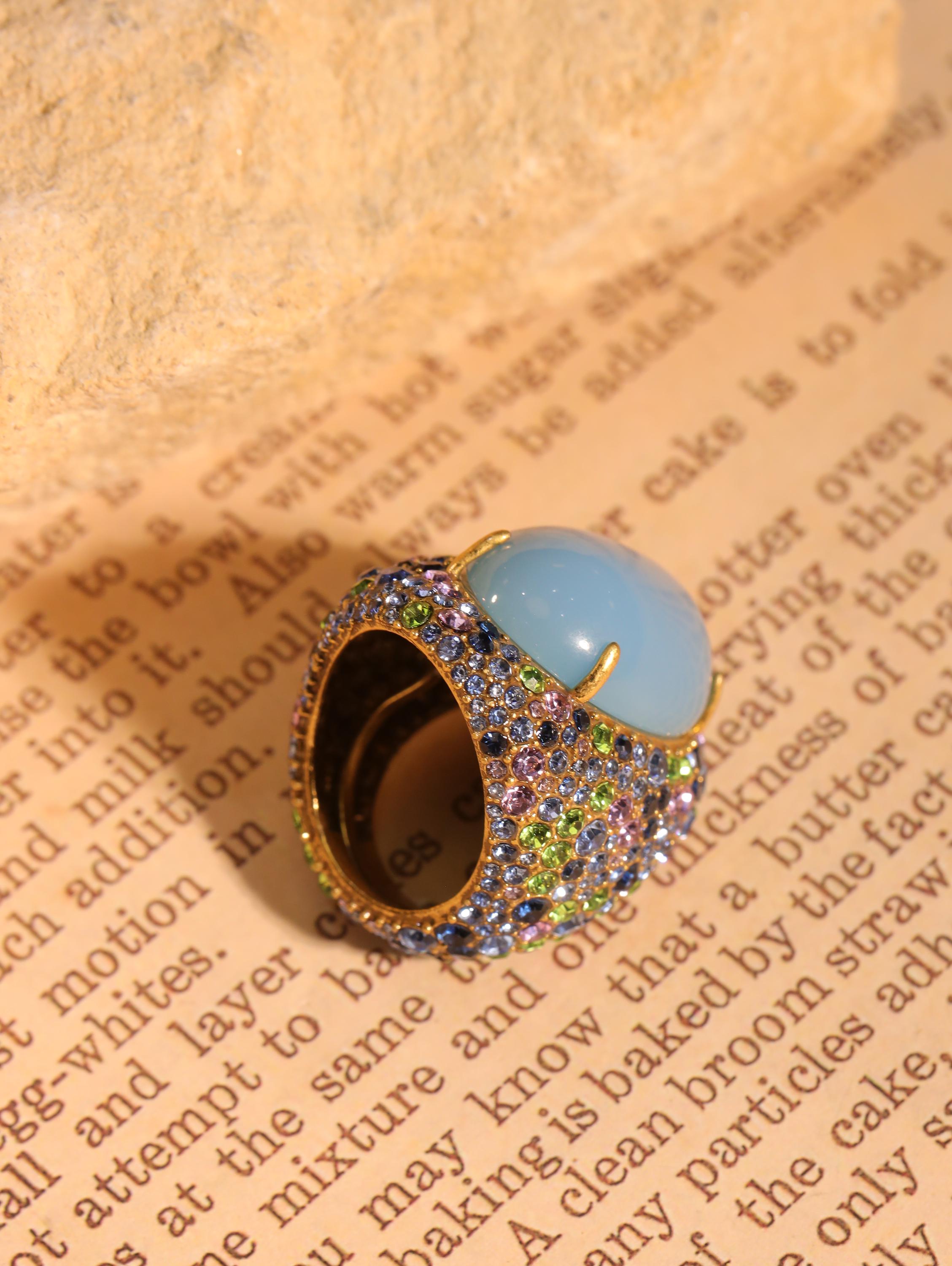 Handcrafted Blue Agate | Swarovski Crystal Jewelry Set, Luxury Artisan Ring & Earrings, 18K Gold, High-End Collector Statement Jewelry