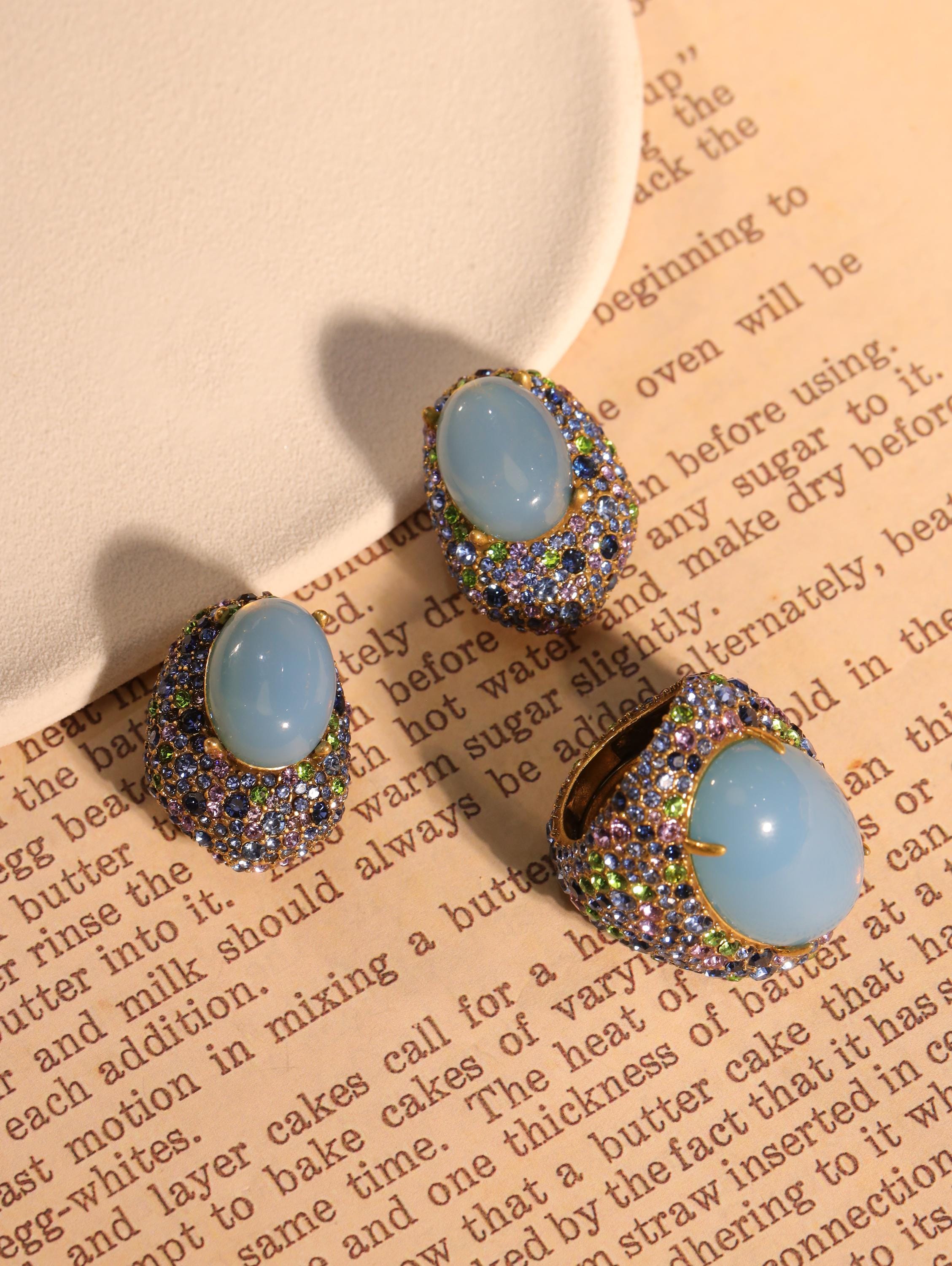Handcrafted Blue Agate | Swarovski Crystal Jewelry Set, Luxury Artisan Ring & Earrings, 18K Gold, High-End Collector Statement Jewelry