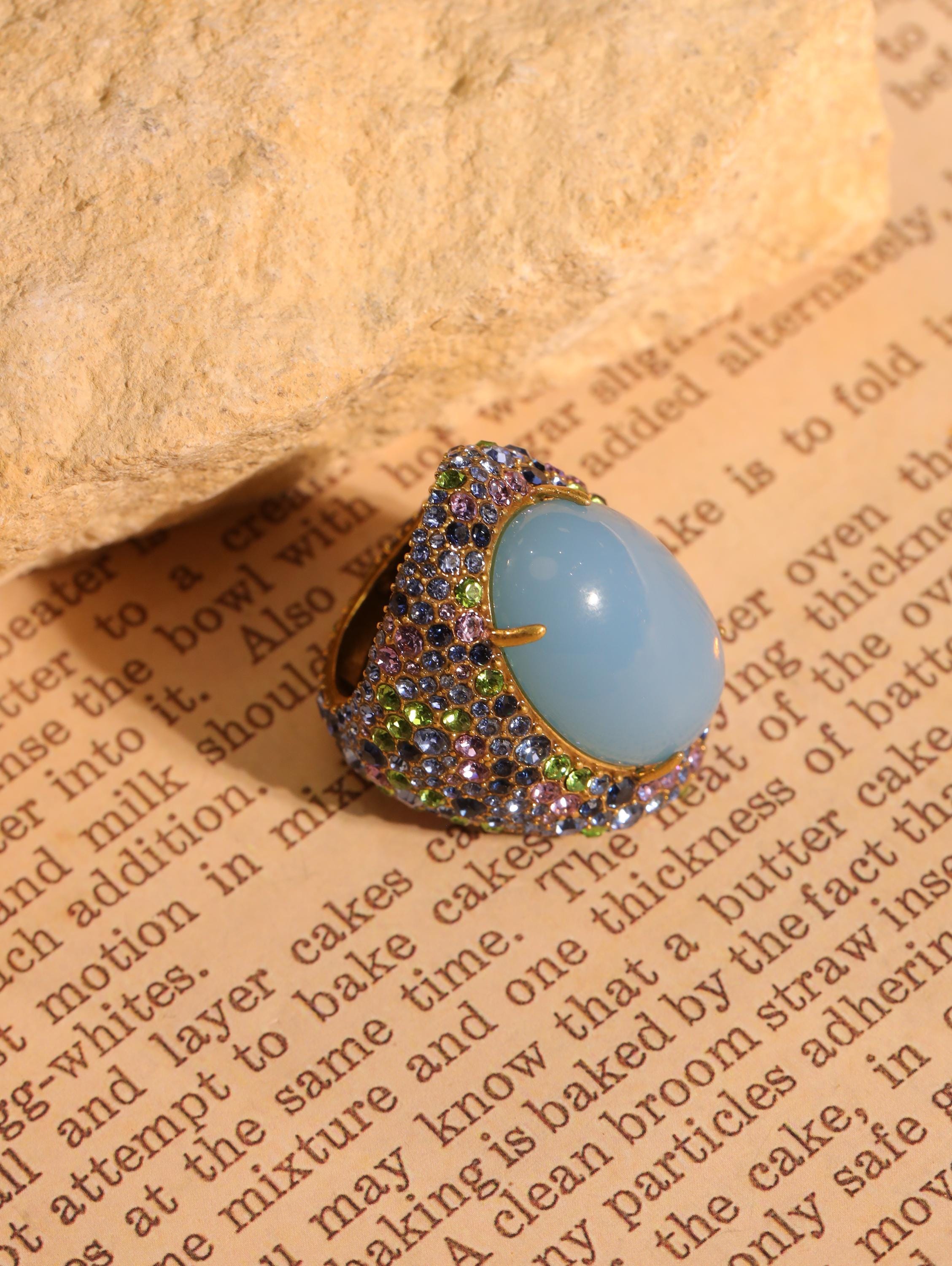Handcrafted Blue Agate | Swarovski Crystal Jewelry Set, Luxury Artisan Ring & Earrings, 18K Gold, High-End Collector Statement Jewelry