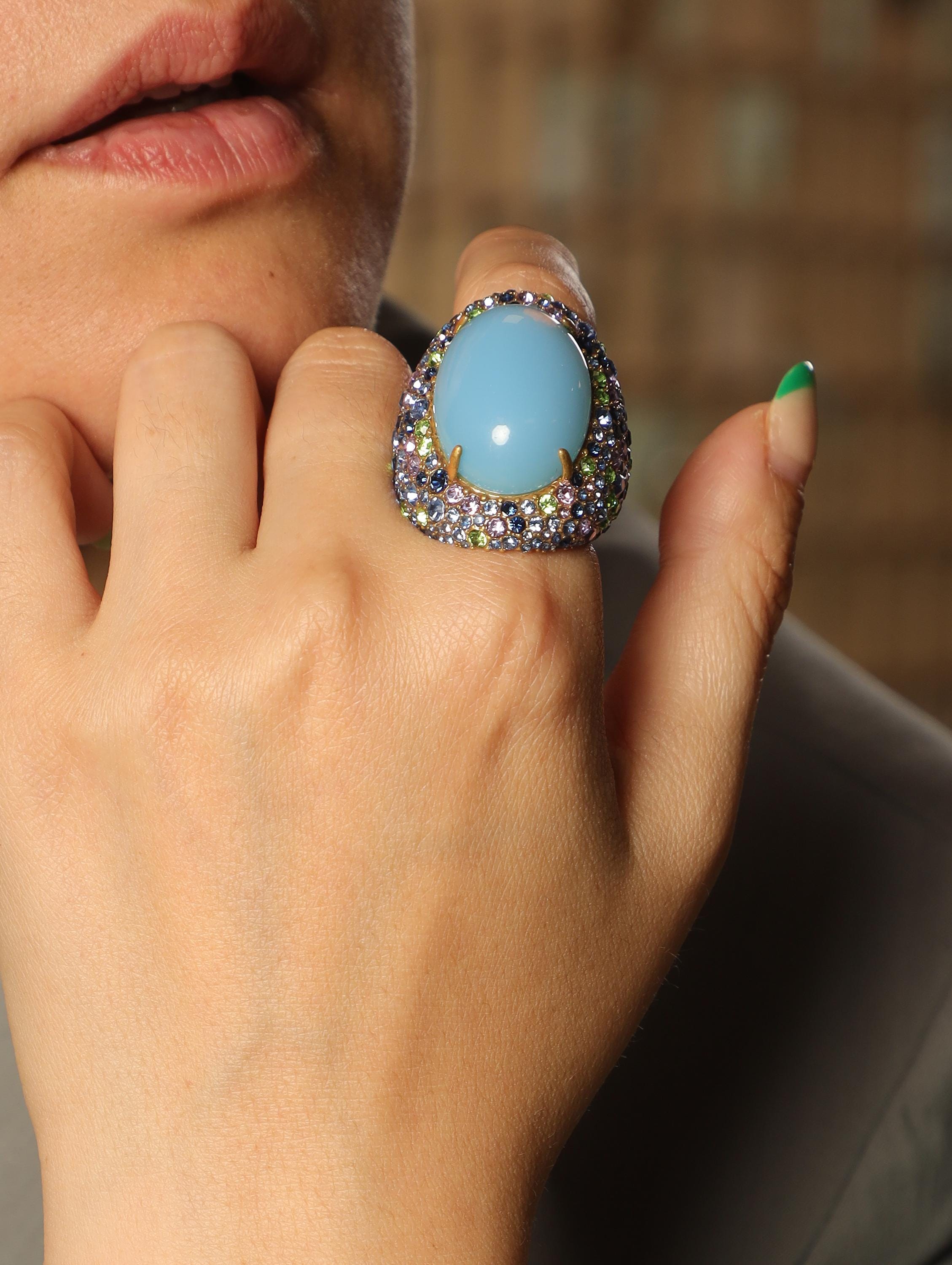 Handcrafted Blue Agate | Swarovski Crystal Jewelry Set, Luxury Artisan Ring & Earrings, 18K Gold, High-End Collector Statement Jewelry