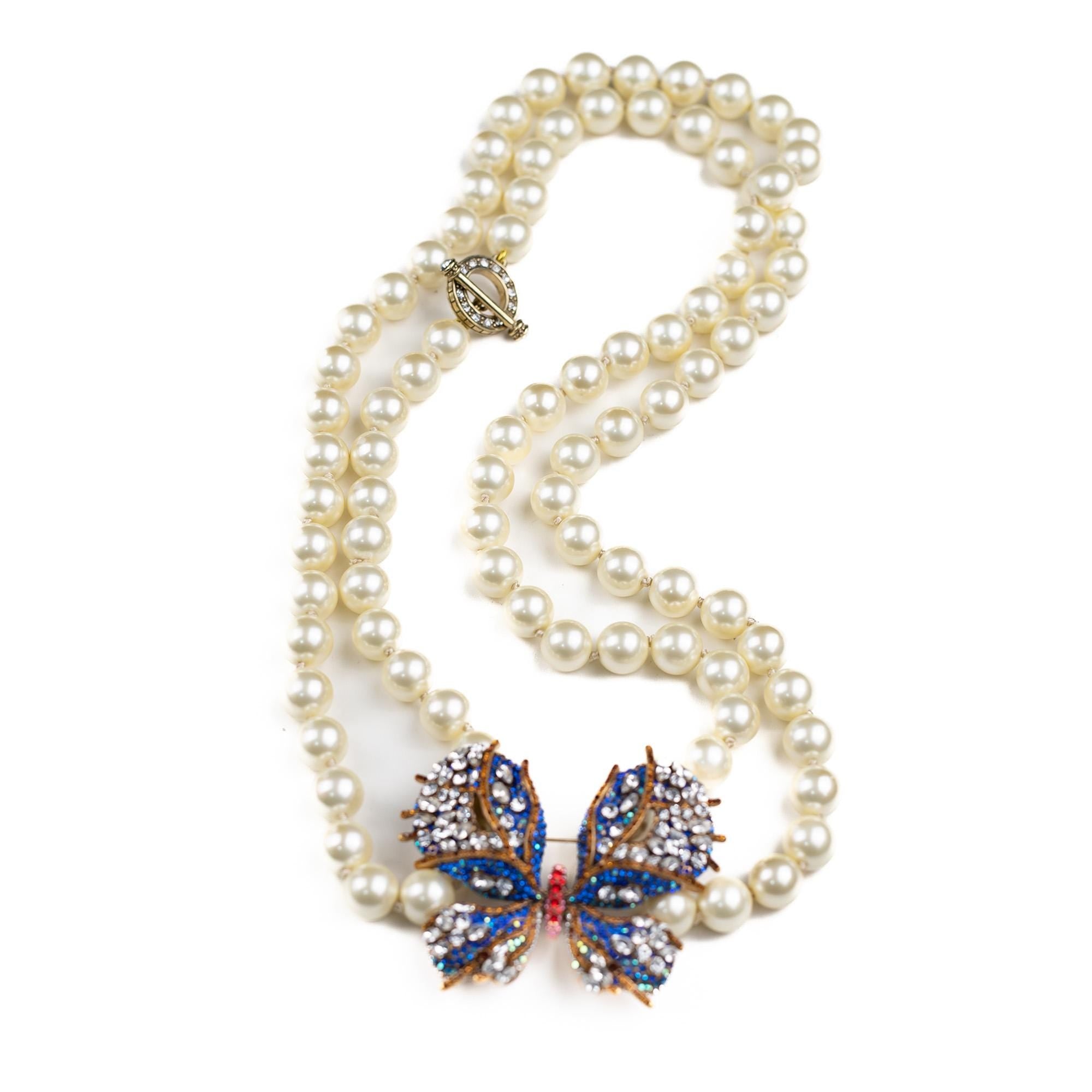 Vintage Inspired Pearl Jewelry Set, Swarovski Butterfly Necklace with Brooch and Earrings, Handmade Statement Gift