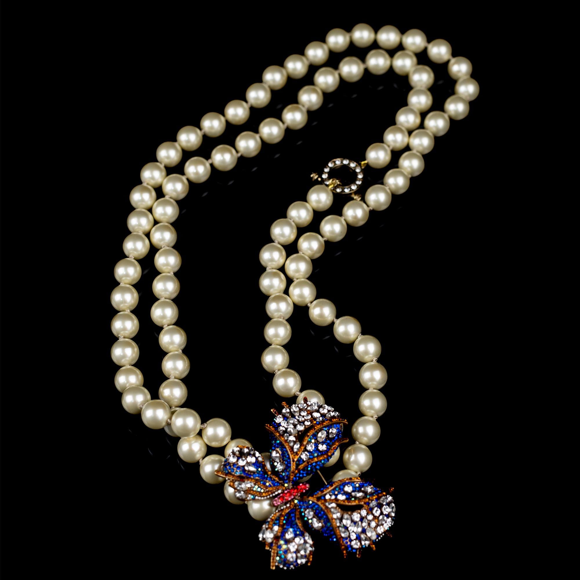 Vintage Inspired Pearl Jewelry Set, Swarovski Butterfly Necklace with Brooch and Earrings, Handmade Statement Gift