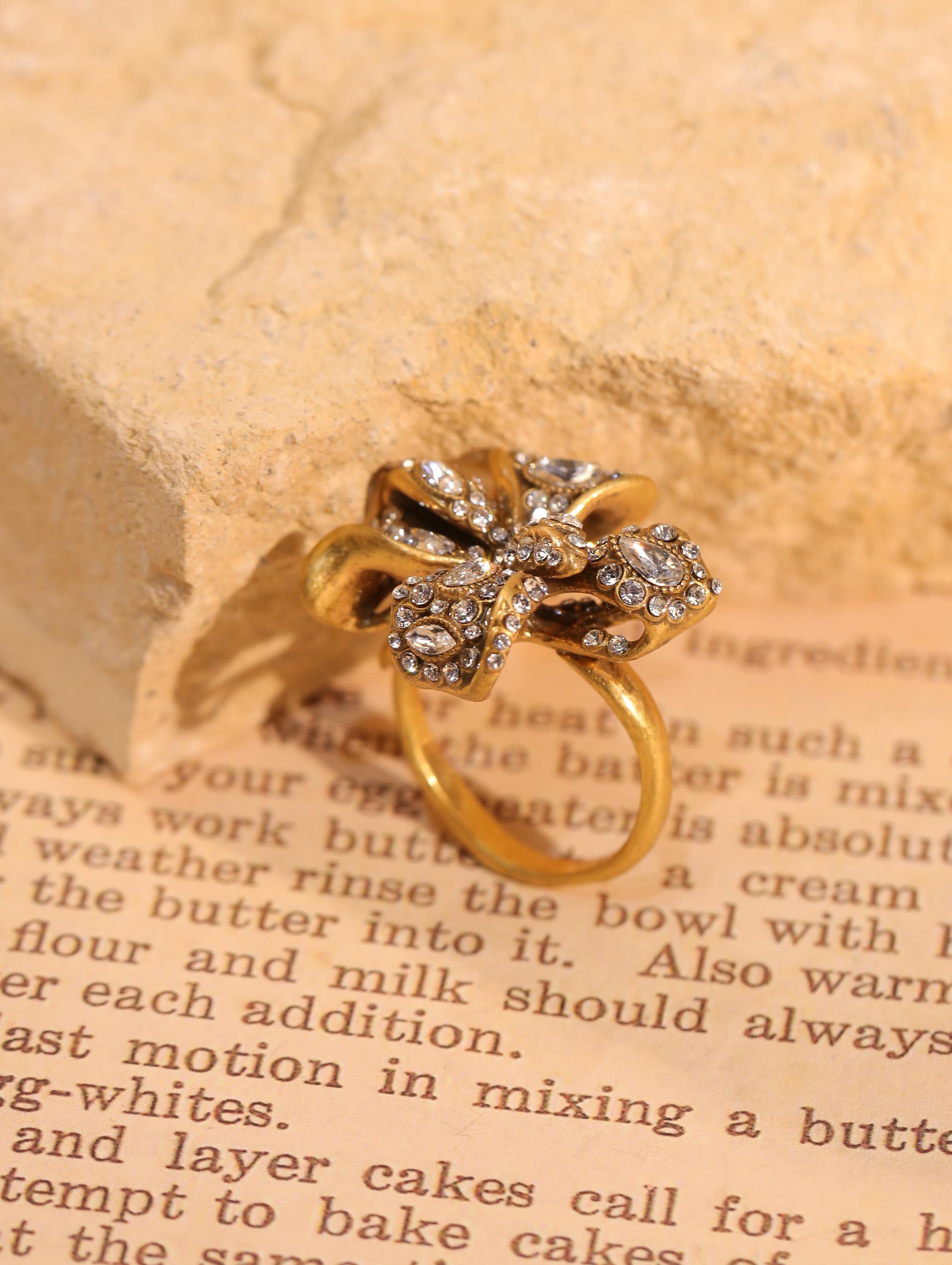 Swarovski Crystal Bow Jewelry Set, Handcrafted 18K Gold Plated, Vintage Statement Ring & Earrings, Artisan Luxury Collector Jewelry