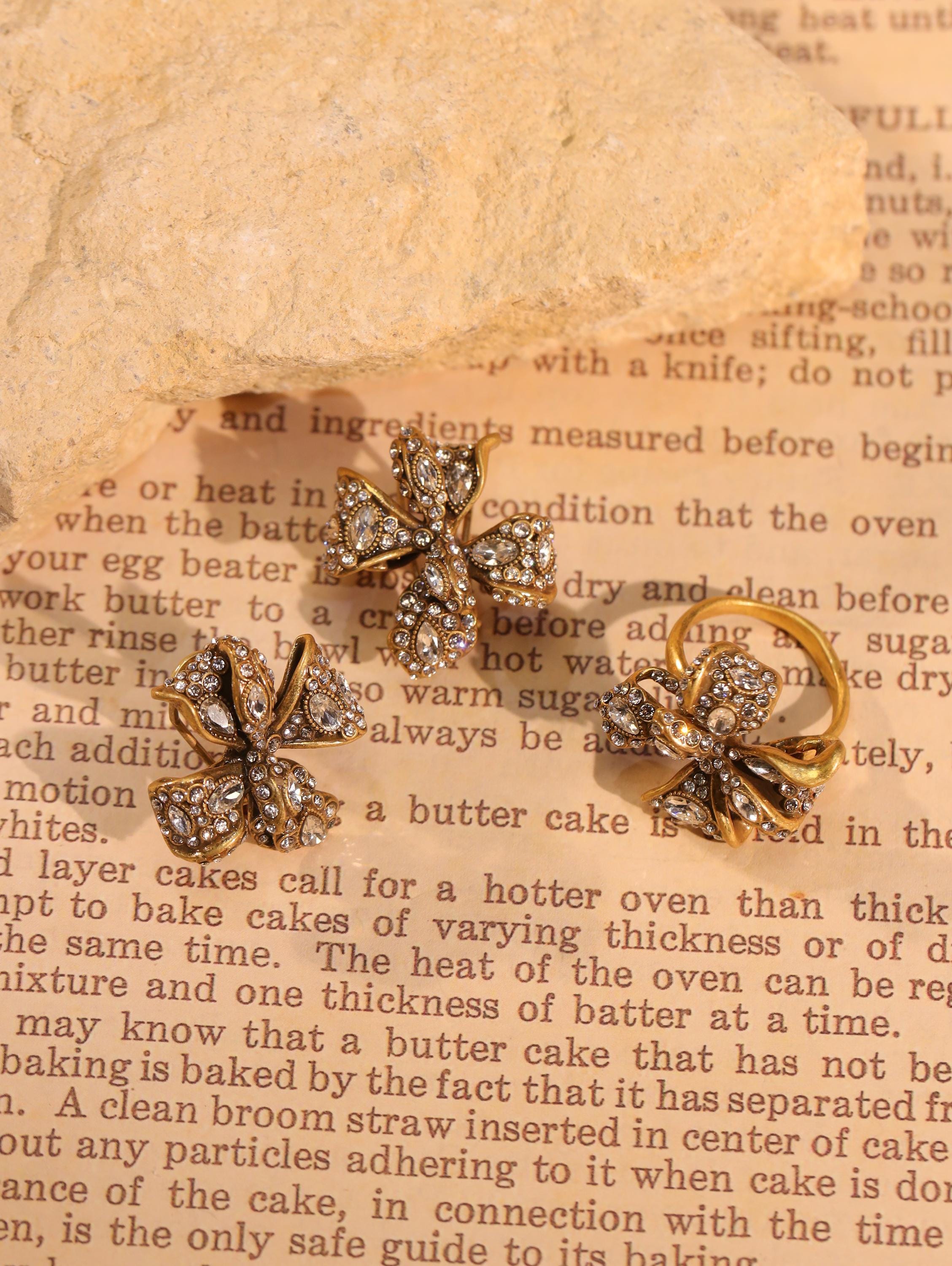 Swarovski Crystal Bow Jewelry Set, Handcrafted 18K Gold Plated, Vintage Statement Ring & Earrings, Artisan Luxury Collector Jewelry