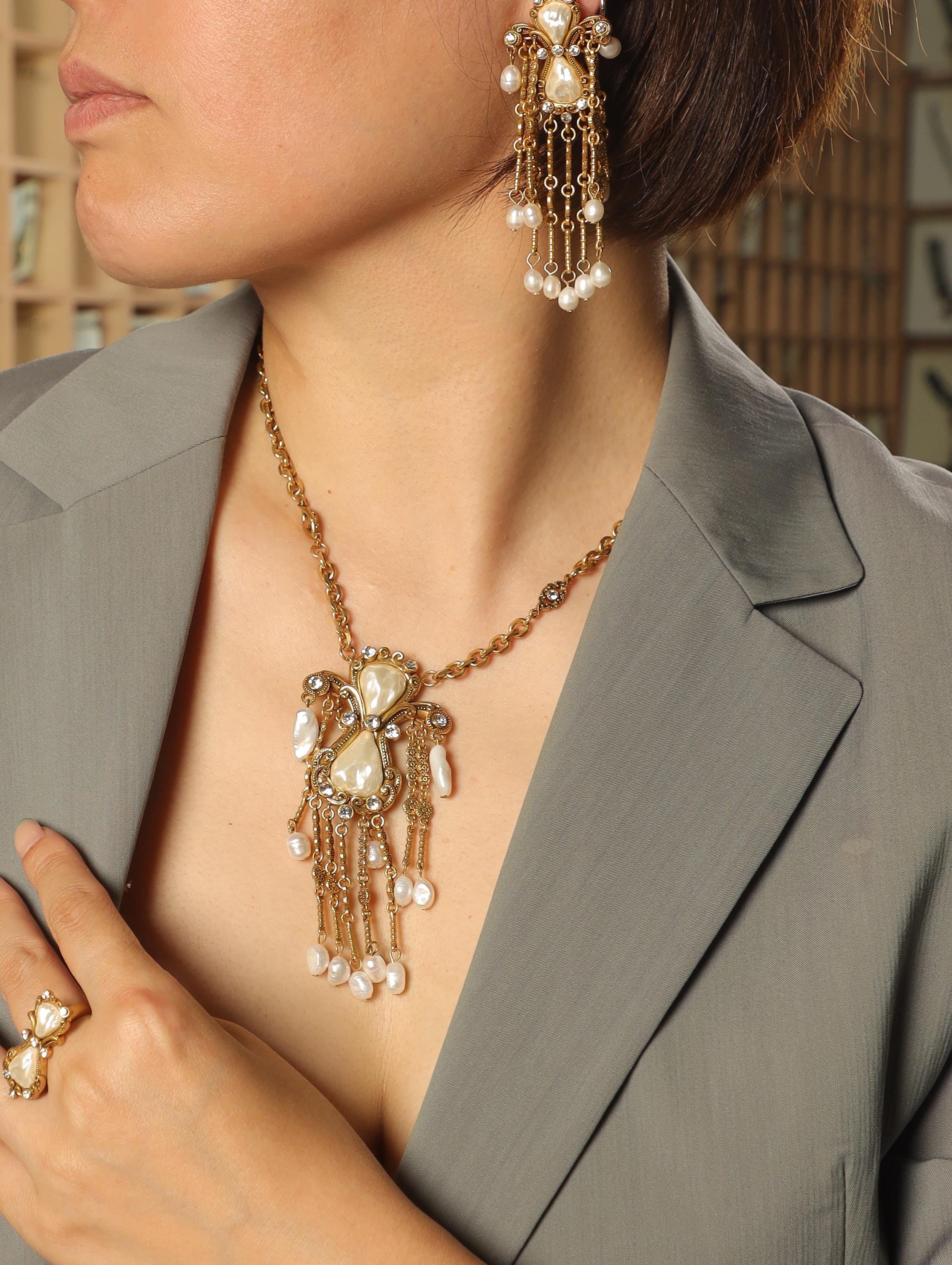 Baroque Pearl  Swarovski Jewelry Set, 18K Gold Plated, Artisan Handmade Necklace, Earrings & Ring, Luxury Vintage Statement Jewelry