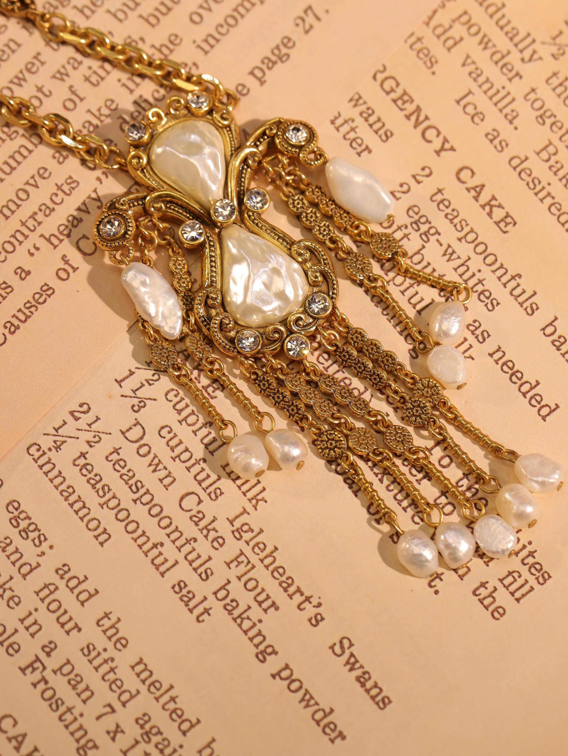 Baroque Pearl  Swarovski Jewelry Set, 18K Gold Plated, Artisan Handmade Necklace, Earrings & Ring, Luxury Vintage Statement Jewelry