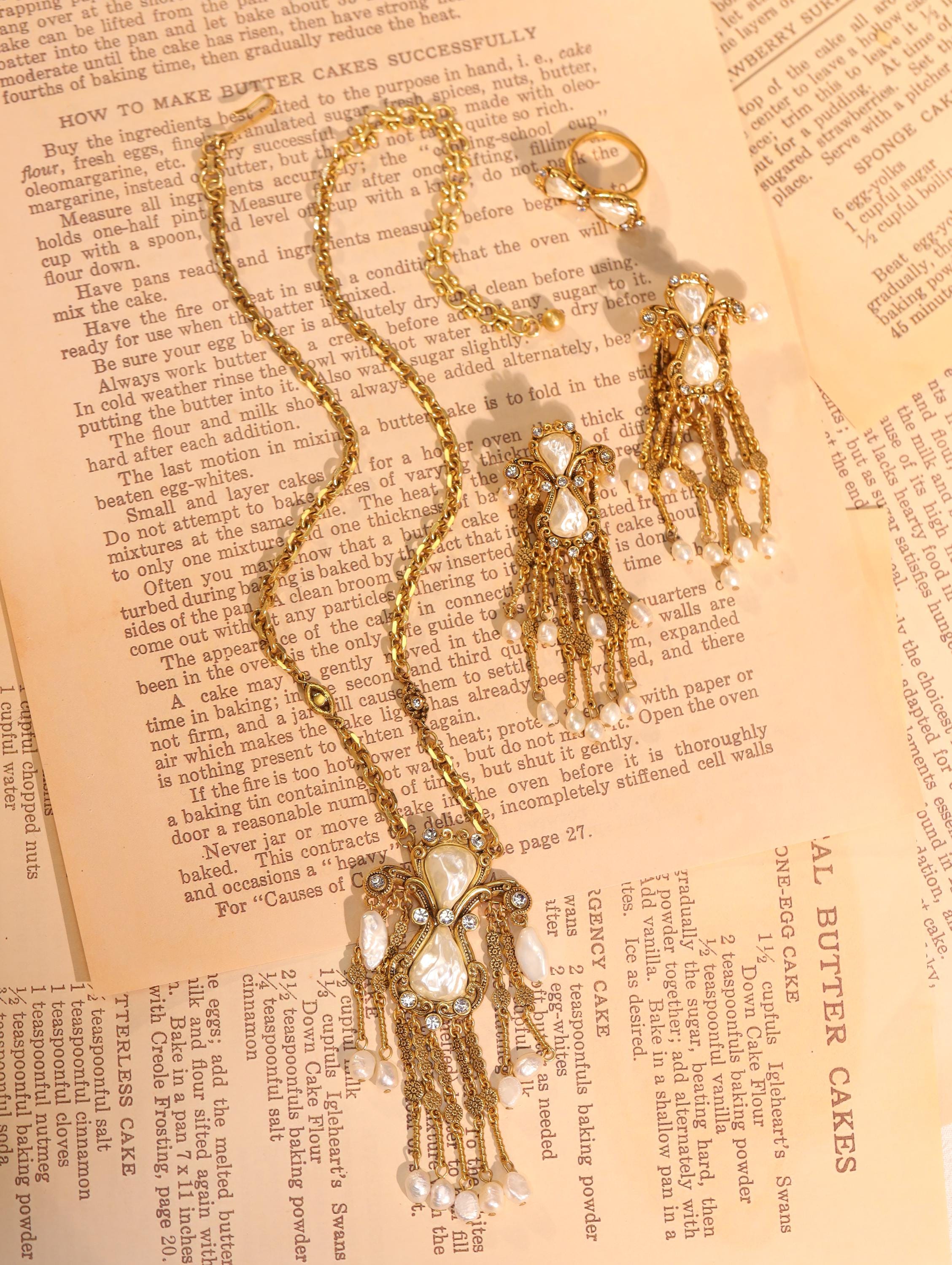 Baroque Pearl  Swarovski Jewelry Set, 18K Gold Plated, Artisan Handmade Necklace, Earrings & Ring, Luxury Vintage Statement Jewelry