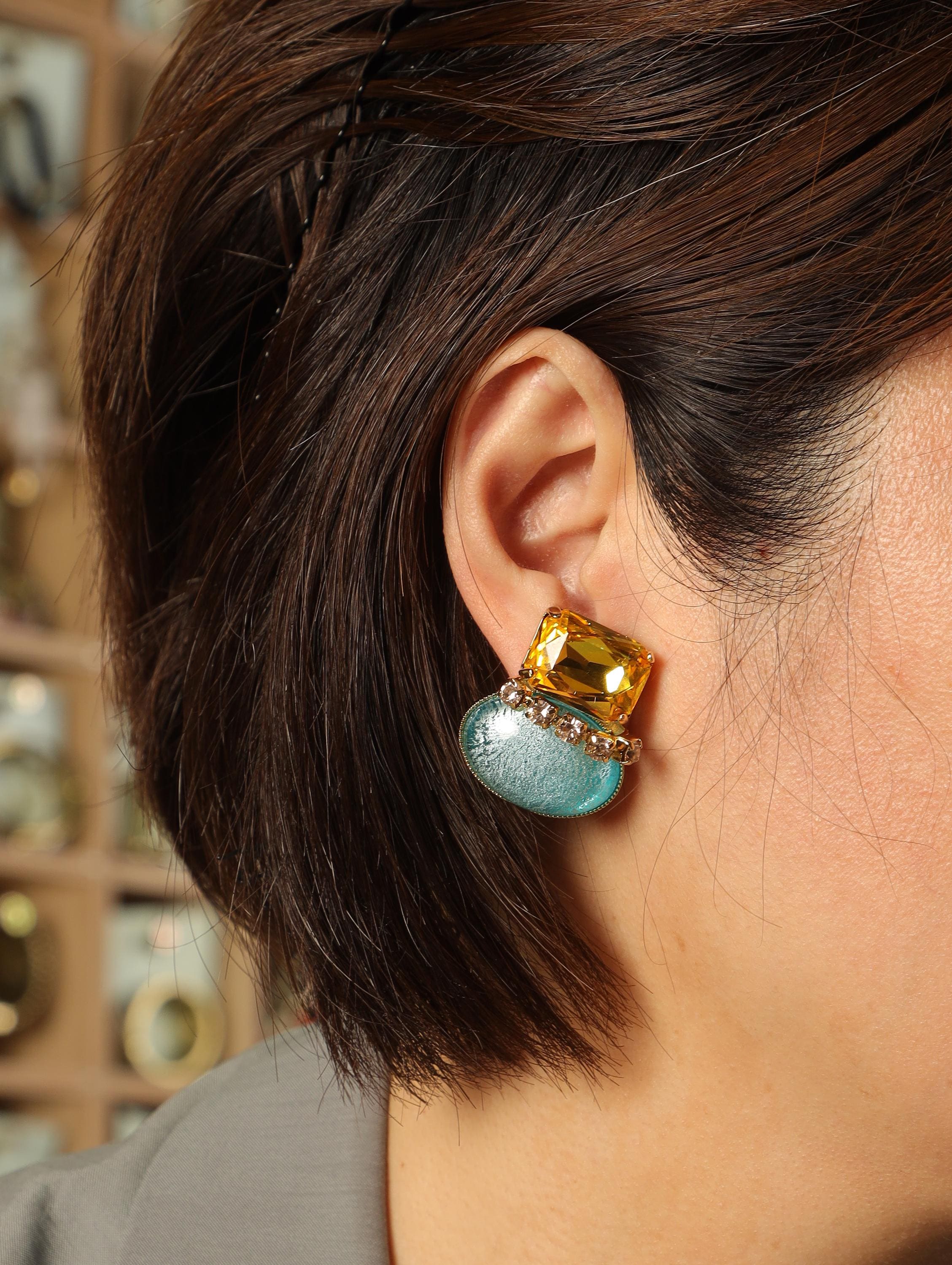 Swarovski Crystal & Art Glass Earrings, 18K Gold Plated, Handcrafted Artisan Jewelry, Yellow Gem Statement Earrings, Luxury Collector Design