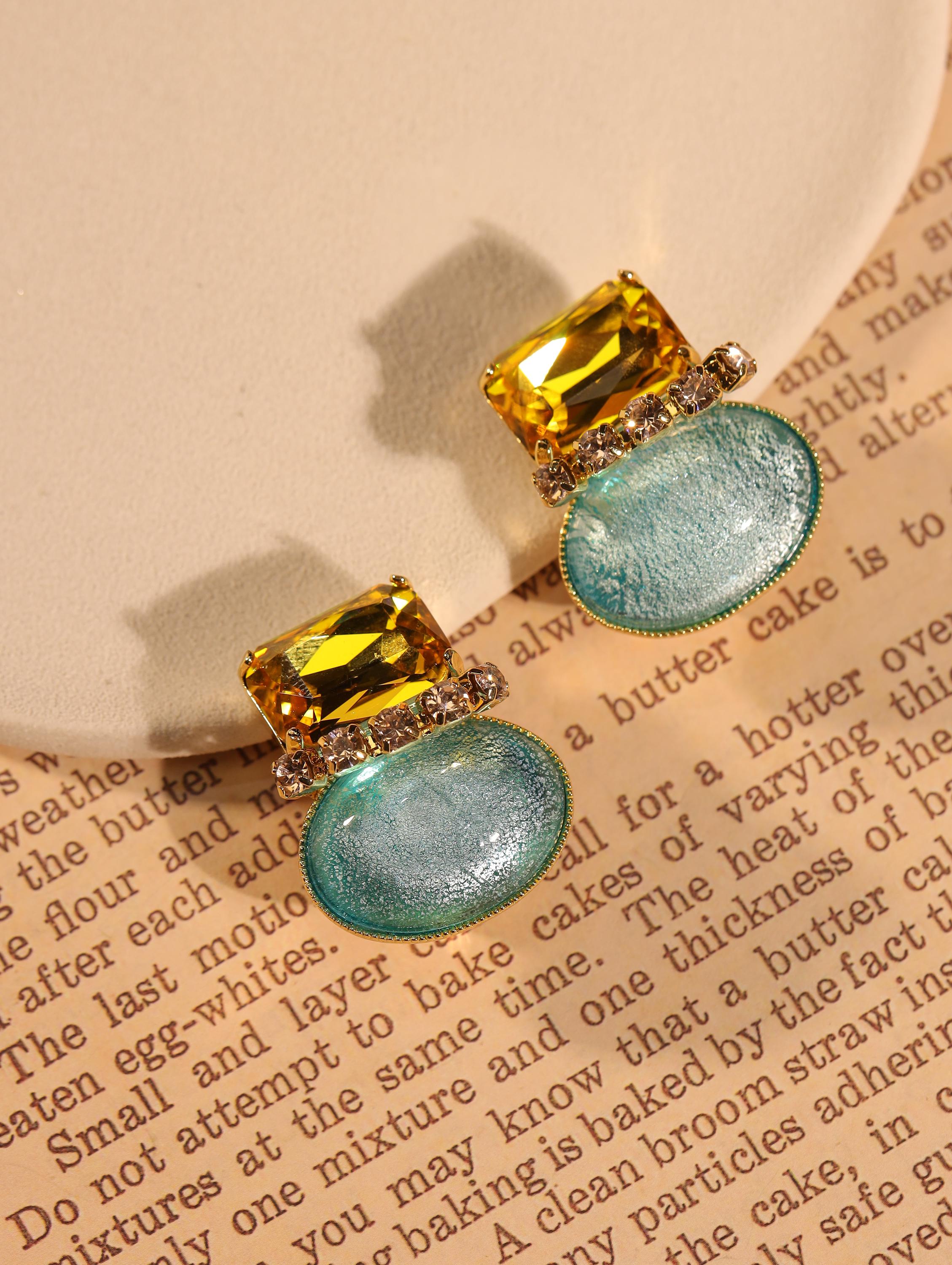 Swarovski Crystal & Art Glass Earrings, 18K Gold Plated, Handcrafted Artisan Jewelry, Yellow Gem Statement Earrings, Luxury Collector Design