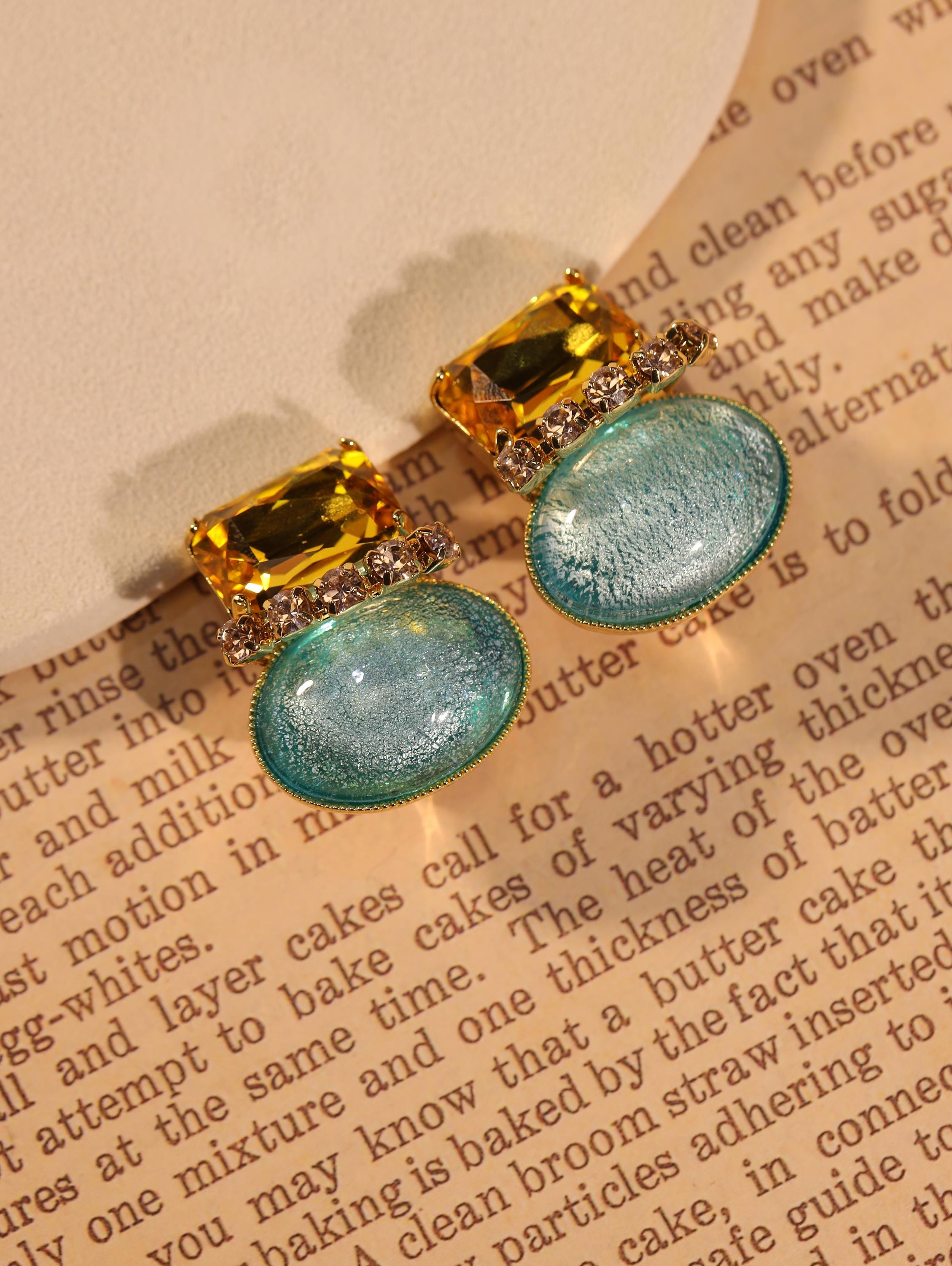 Swarovski Crystal & Art Glass Earrings, 18K Gold Plated, Handcrafted Artisan Jewelry, Yellow Gem Statement Earrings, Luxury Collector Design