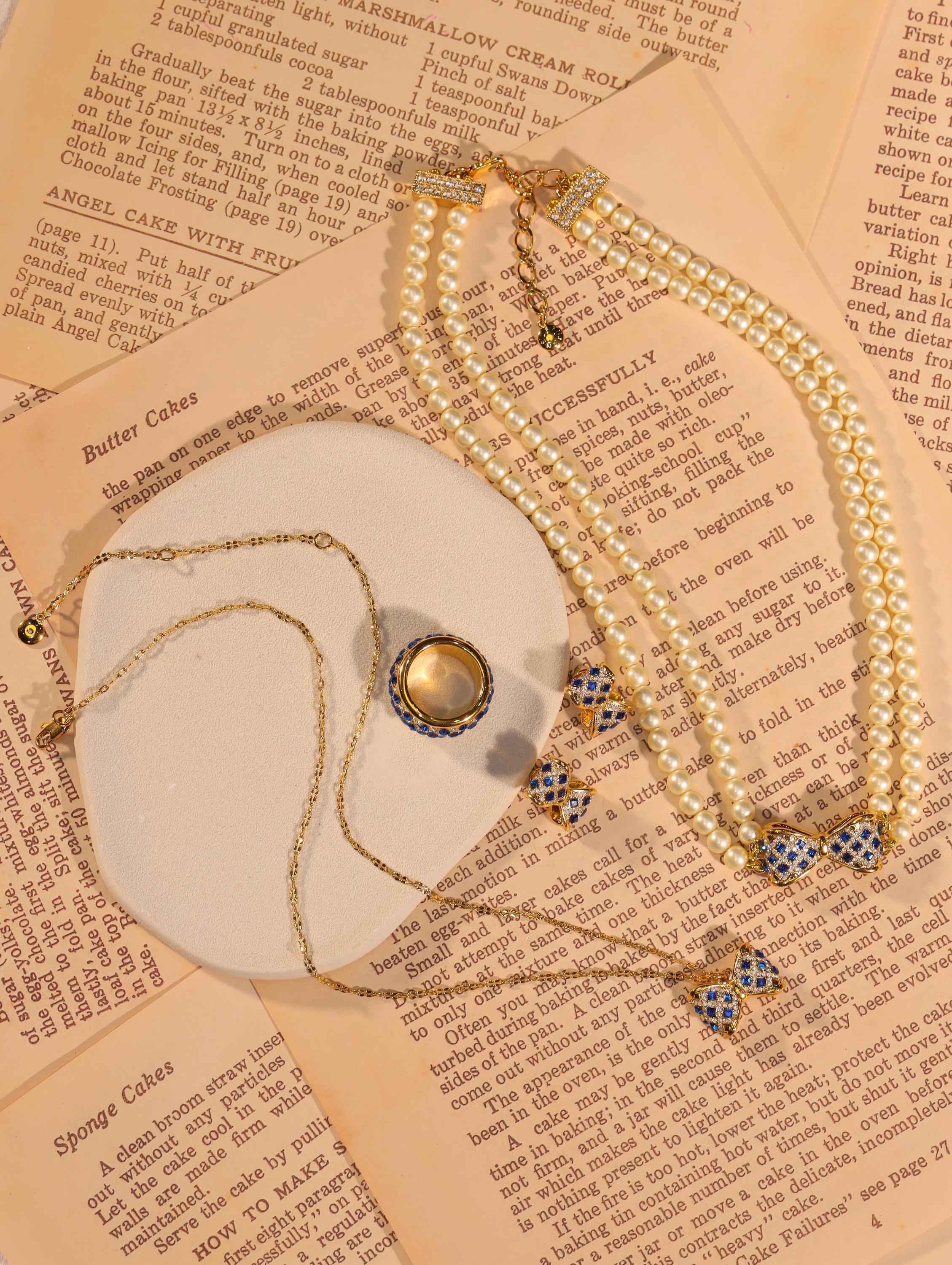 Swarovski Pearl Blue Crystal Jewelry Set, 18K Gold Plated, Artisan Handmade Necklace, Earrings & Ring, Luxury Baroque Collectors Jewelry
