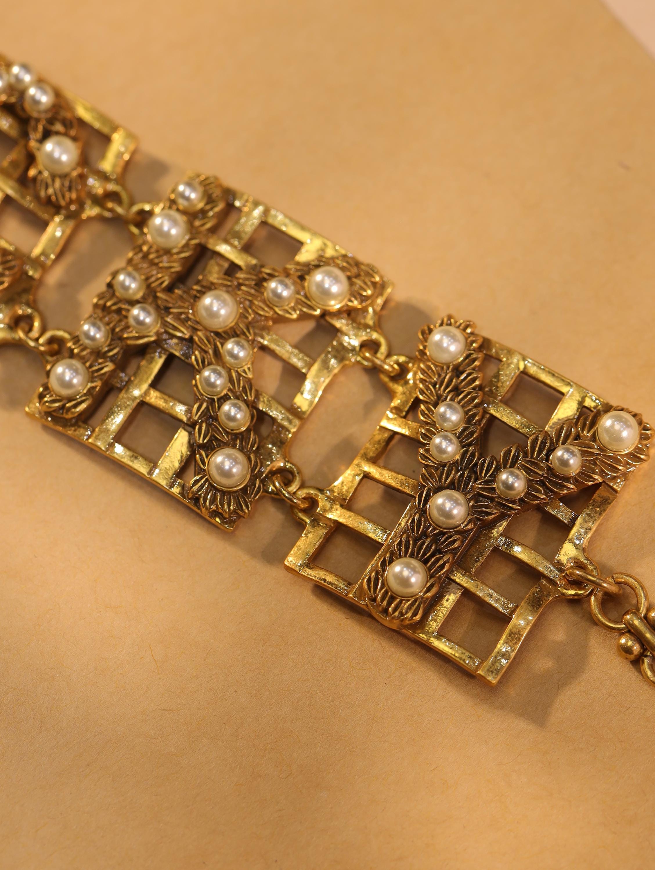 Vintage Luxury Handmade Bracelet, 18K Gold Plated Filigree, Natural Pearls & Swarovski Crystals, Artisan Statement Jewelry for Collectors