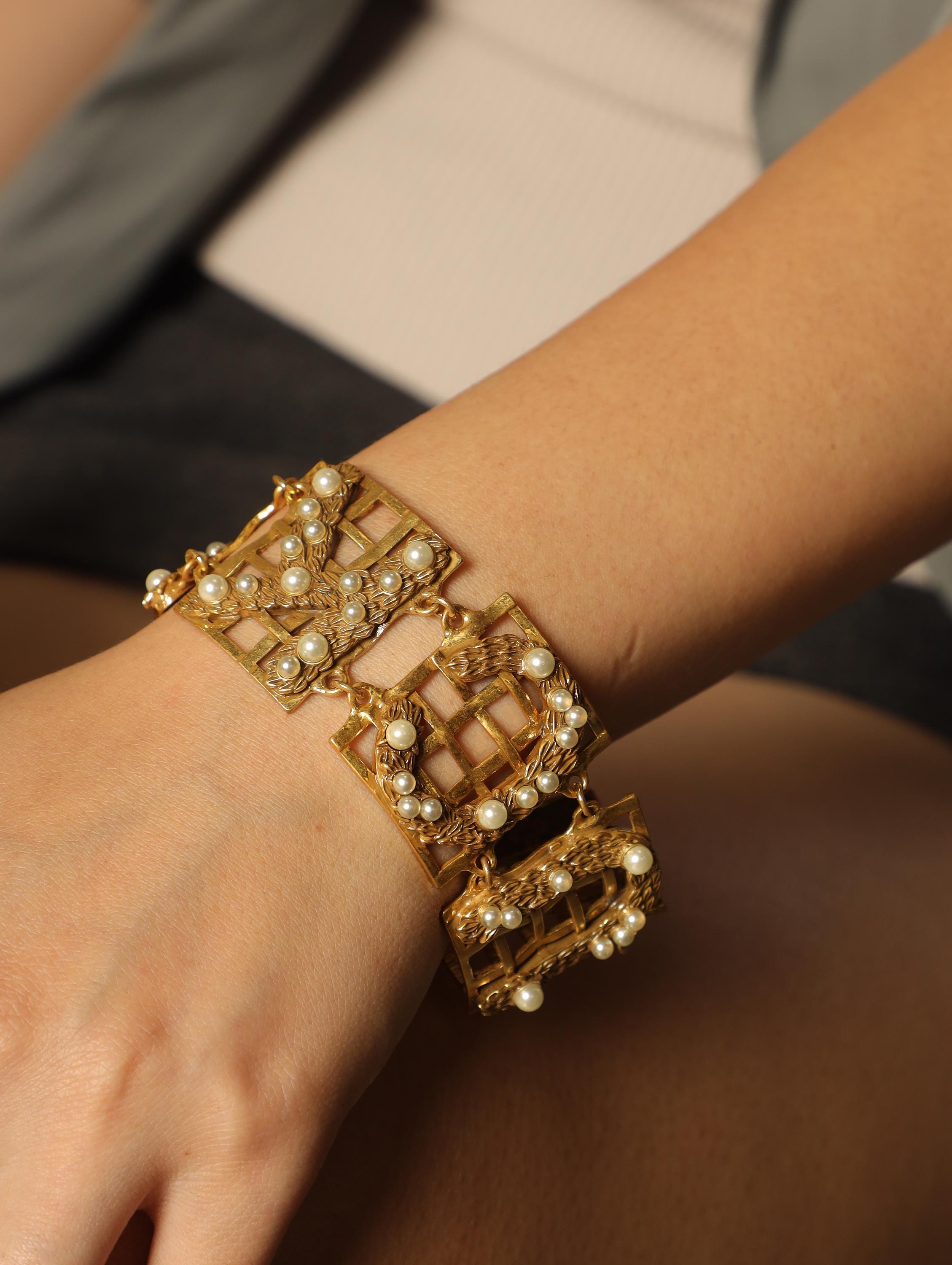 Vintage Luxury Handmade Bracelet, 18K Gold Plated Filigree, Natural Pearls & Swarovski Crystals, Artisan Statement Jewelry for Collectors