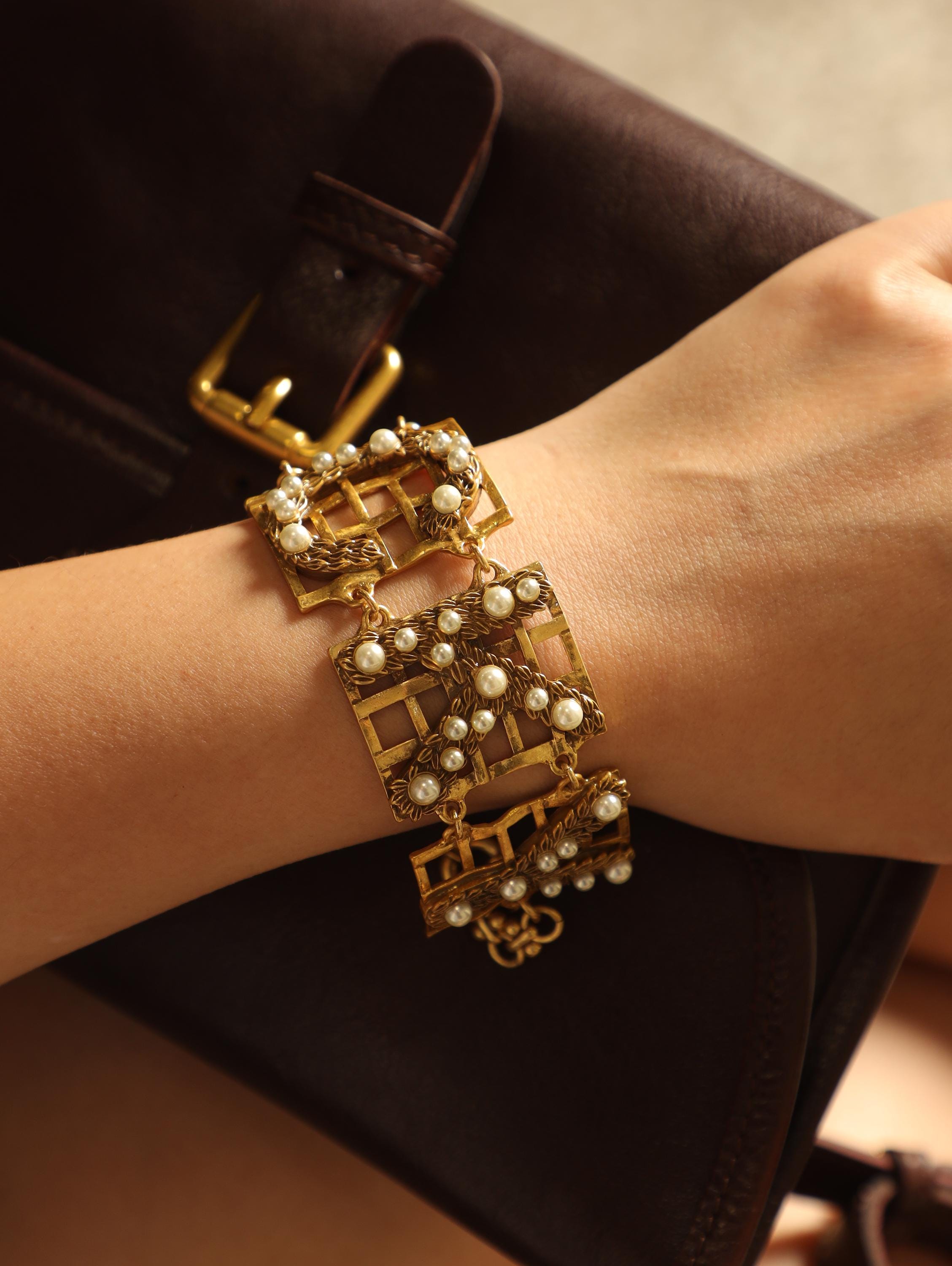 Vintage Luxury Handmade Bracelet, 18K Gold Plated Filigree, Natural Pearls & Swarovski Crystals, Artisan Statement Jewelry for Collectors