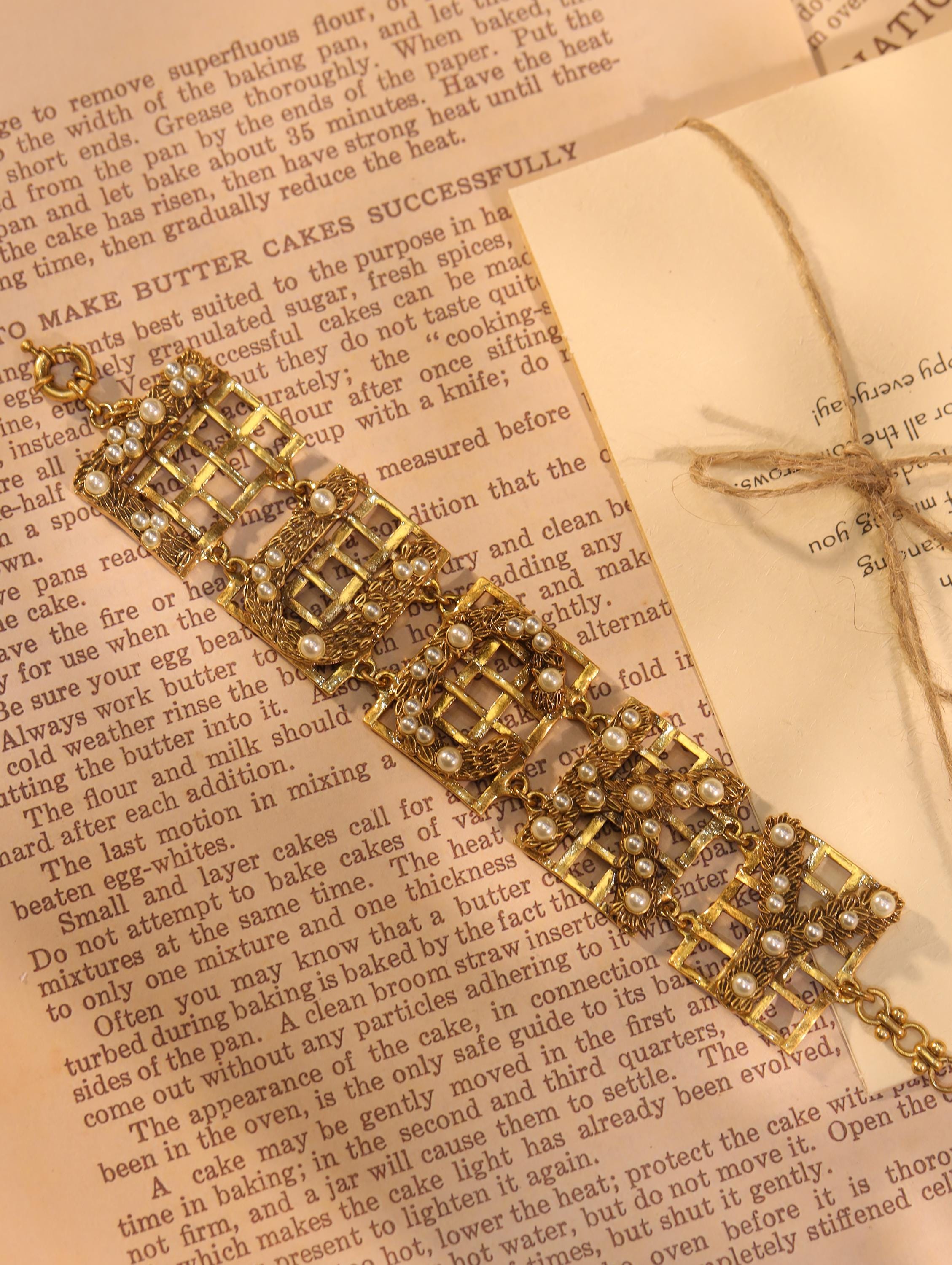 Vintage Luxury Handmade Bracelet, 18K Gold Plated Filigree, Natural Pearls & Swarovski Crystals, Artisan Statement Jewelry for Collectors