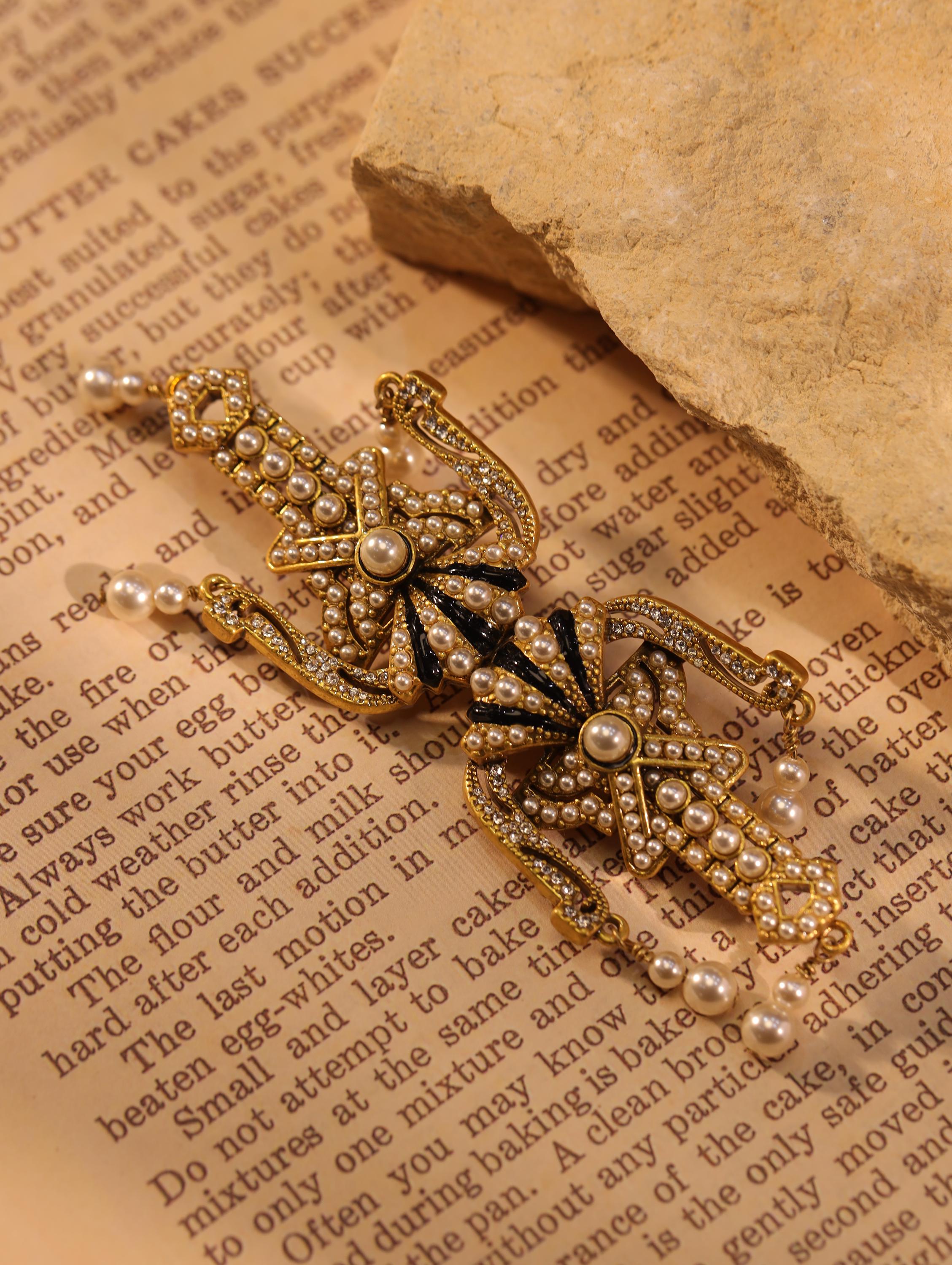 Art Deco Luxury Brooch Earrings Set, 18K Gold Plated, Swarovski Crystals & Pearls, Handmade Vintage Statement Jewelry for Collectors