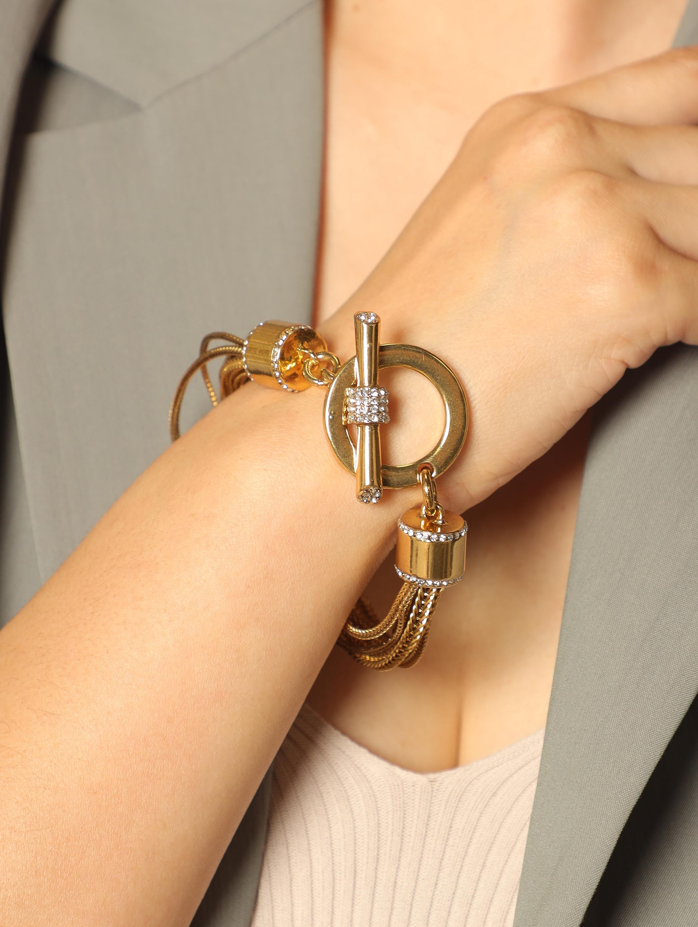 Modern Luxury Multi-Strand Bracelet, 18K Gold Plated, Artisan Twisted Rope Chain, Diamond Accent Toggle Clasp, Statement Designer Jewelry