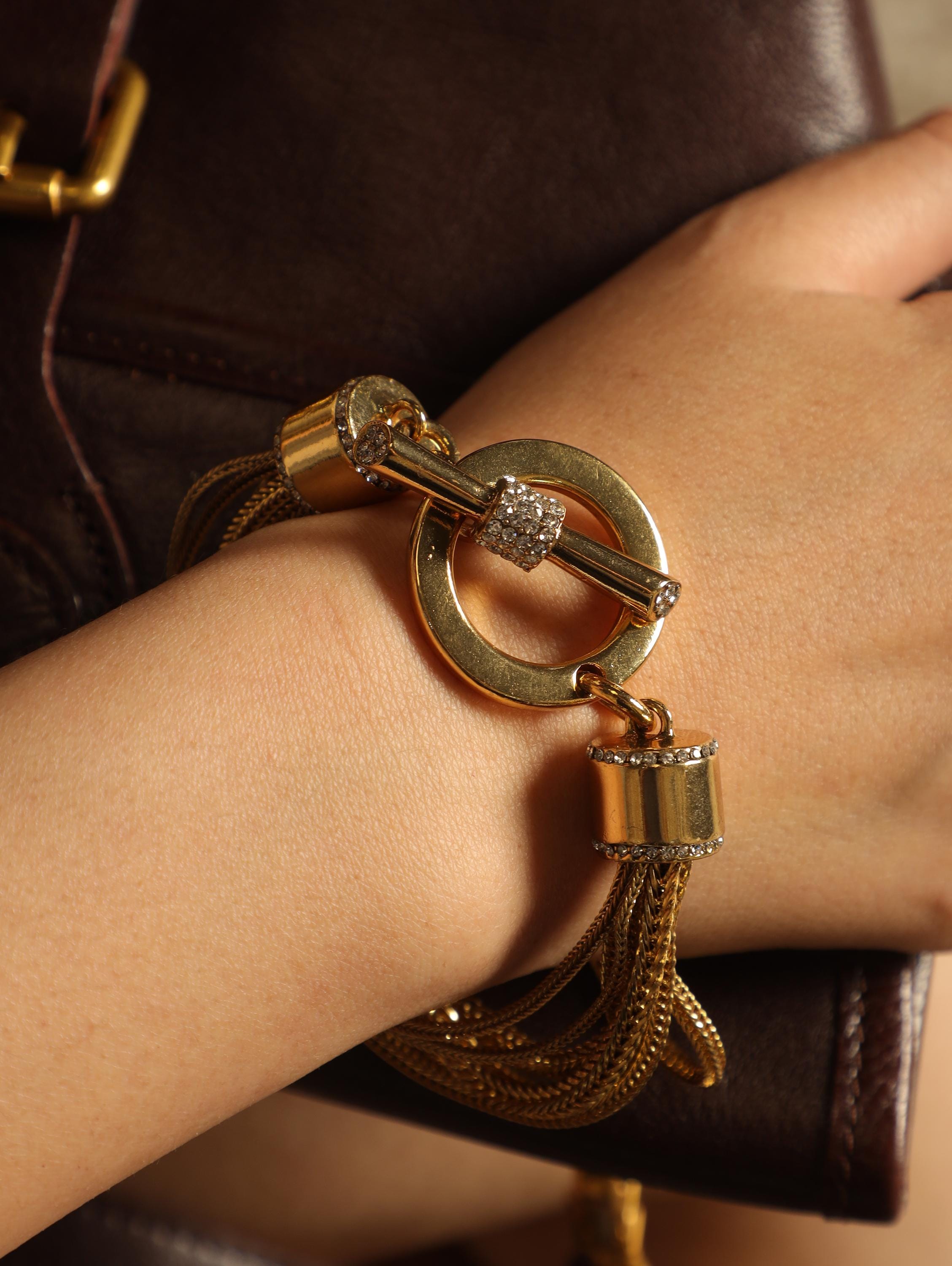 Modern Luxury Multi-Strand Bracelet, 18K Gold Plated, Artisan Twisted Rope Chain, Diamond Accent Toggle Clasp, Statement Designer Jewelry