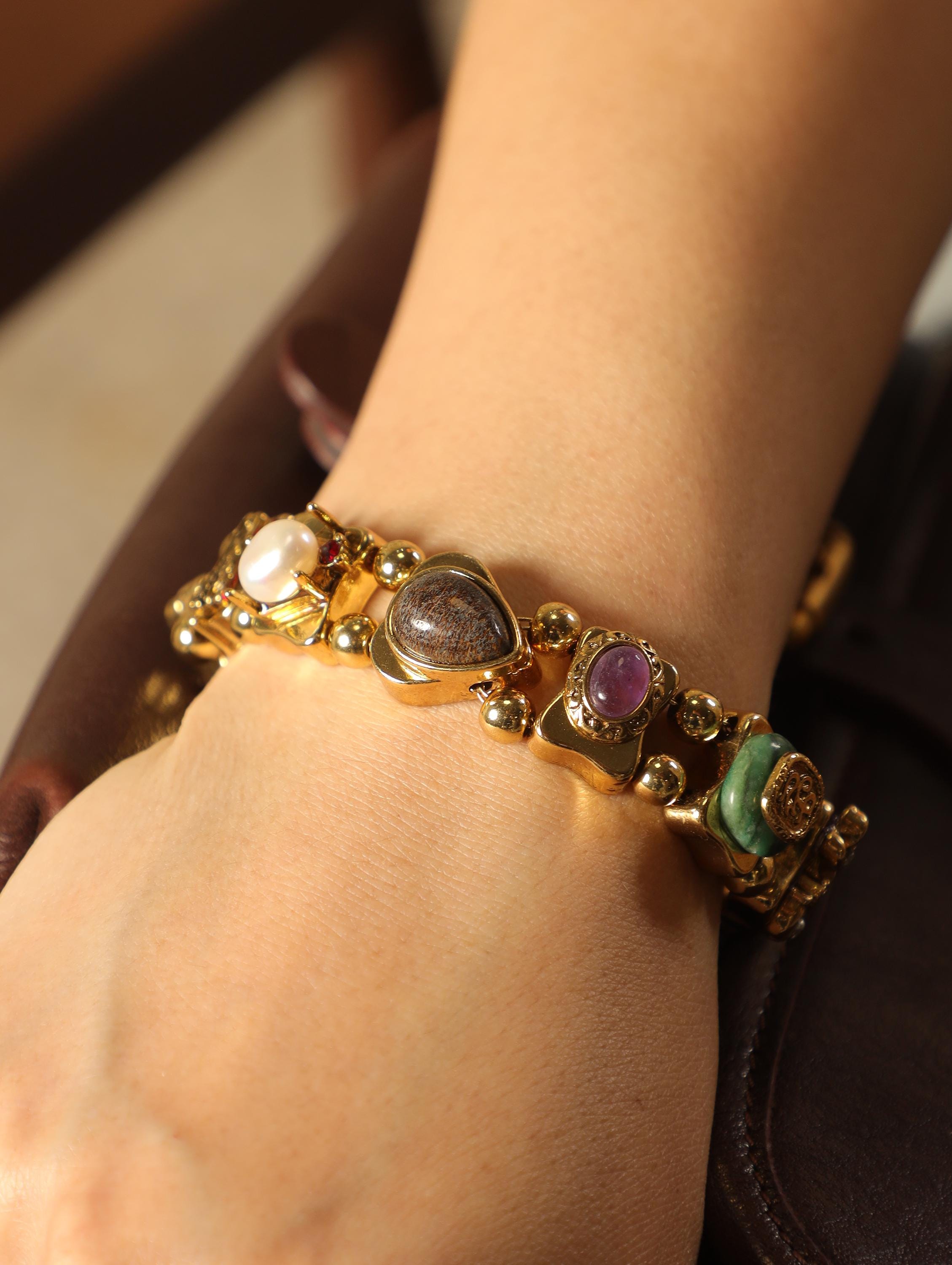 Royal Vintage Gemstone Bracelet, 18K Gold Plated, Artisan Handmade with Green Jade, Amethyst, Pearl & Obsidian, High-End Collector Jewelry