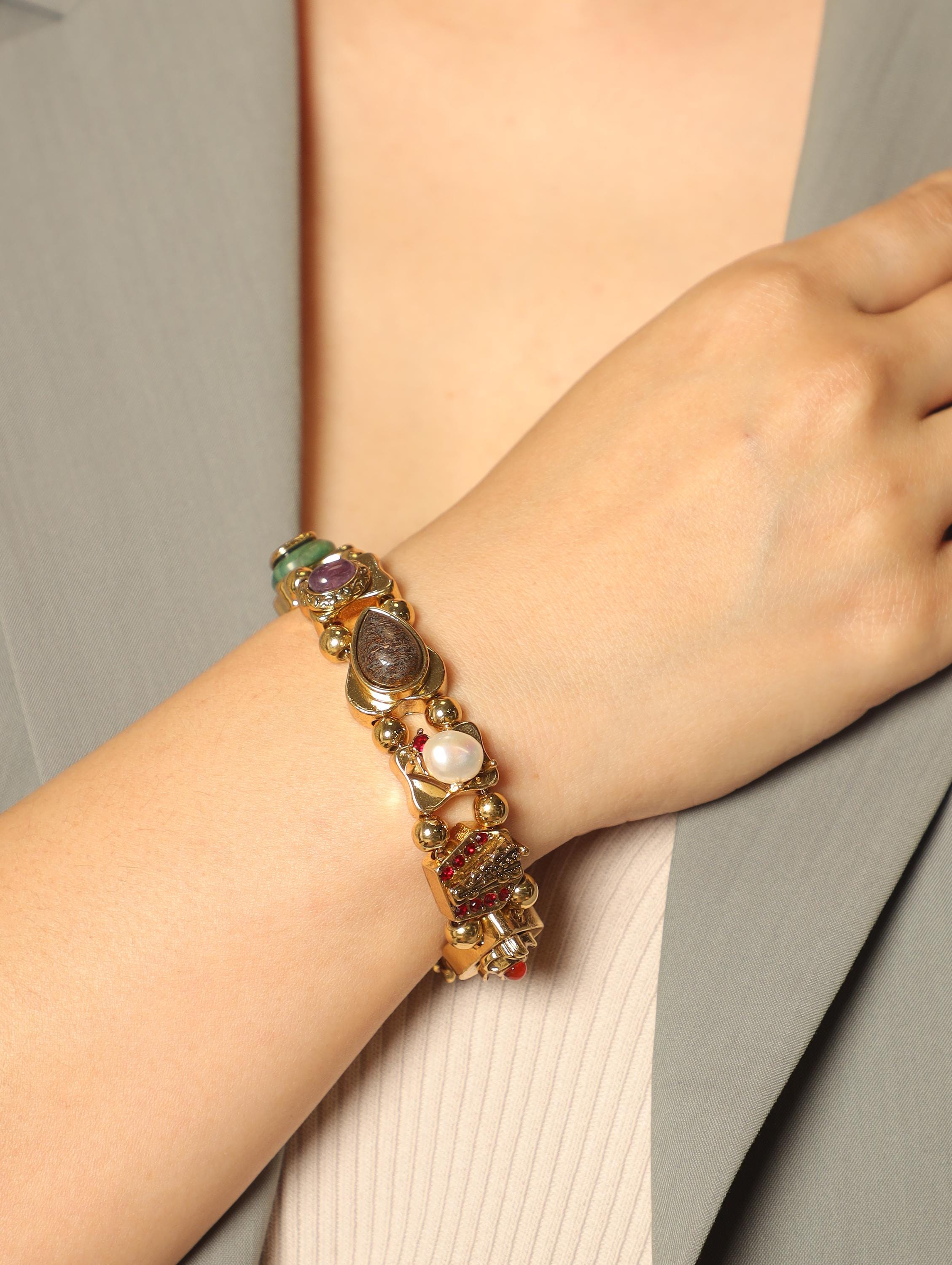 Royal Vintage Gemstone Bracelet, 18K Gold Plated, Artisan Handmade with Green Jade, Amethyst, Pearl & Obsidian, High-End Collector Jewelry