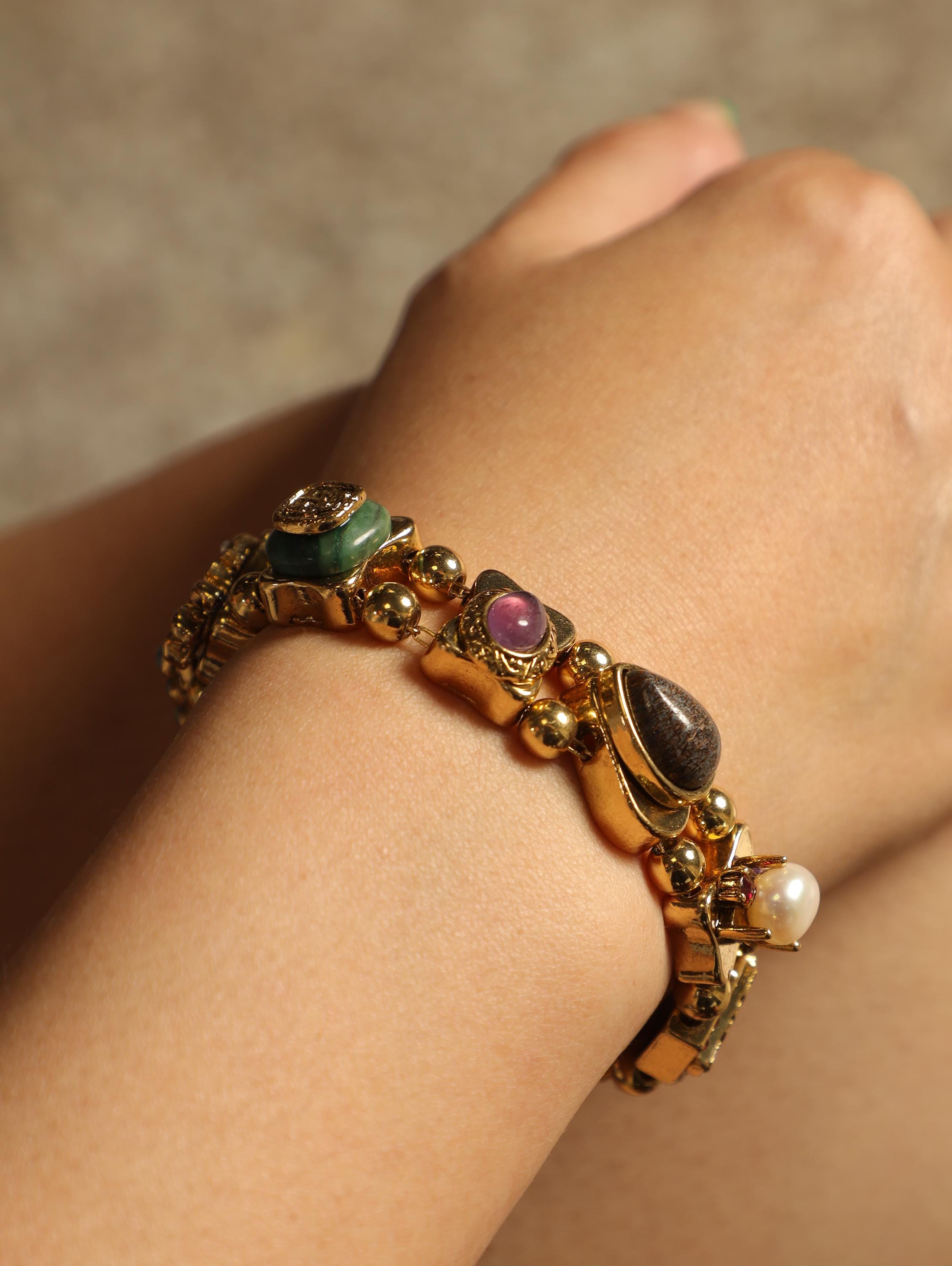 Royal Vintage Gemstone Bracelet, 18K Gold Plated, Artisan Handmade with Green Jade, Amethyst, Pearl & Obsidian, High-End Collector Jewelry