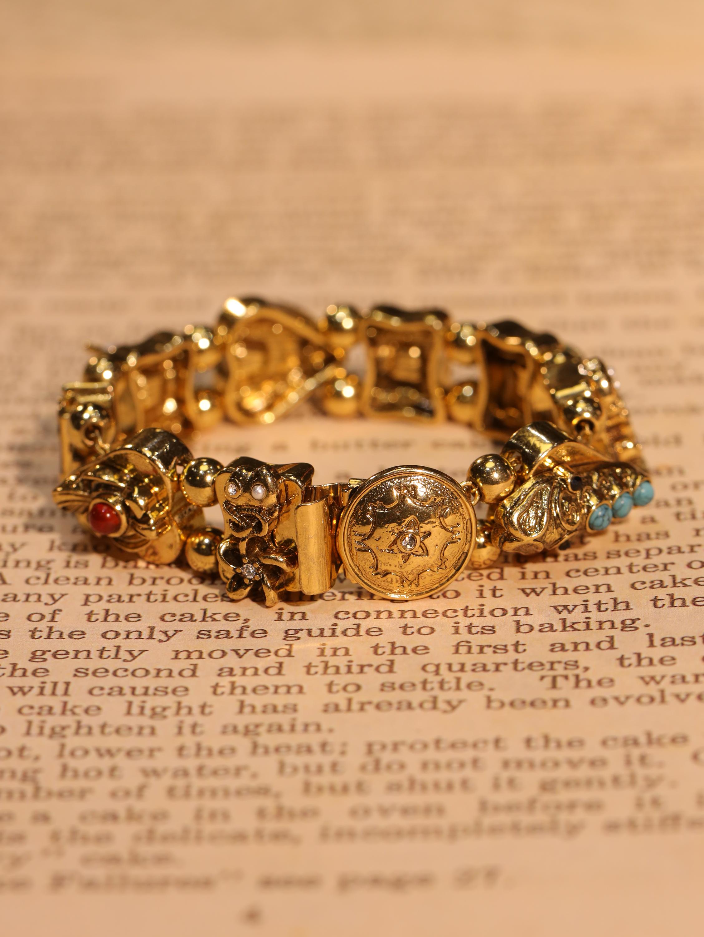 Royal Vintage Gemstone Bracelet, 18K Gold Plated, Artisan Handmade with Green Jade, Amethyst, Pearl & Obsidian, High-End Collector Jewelry