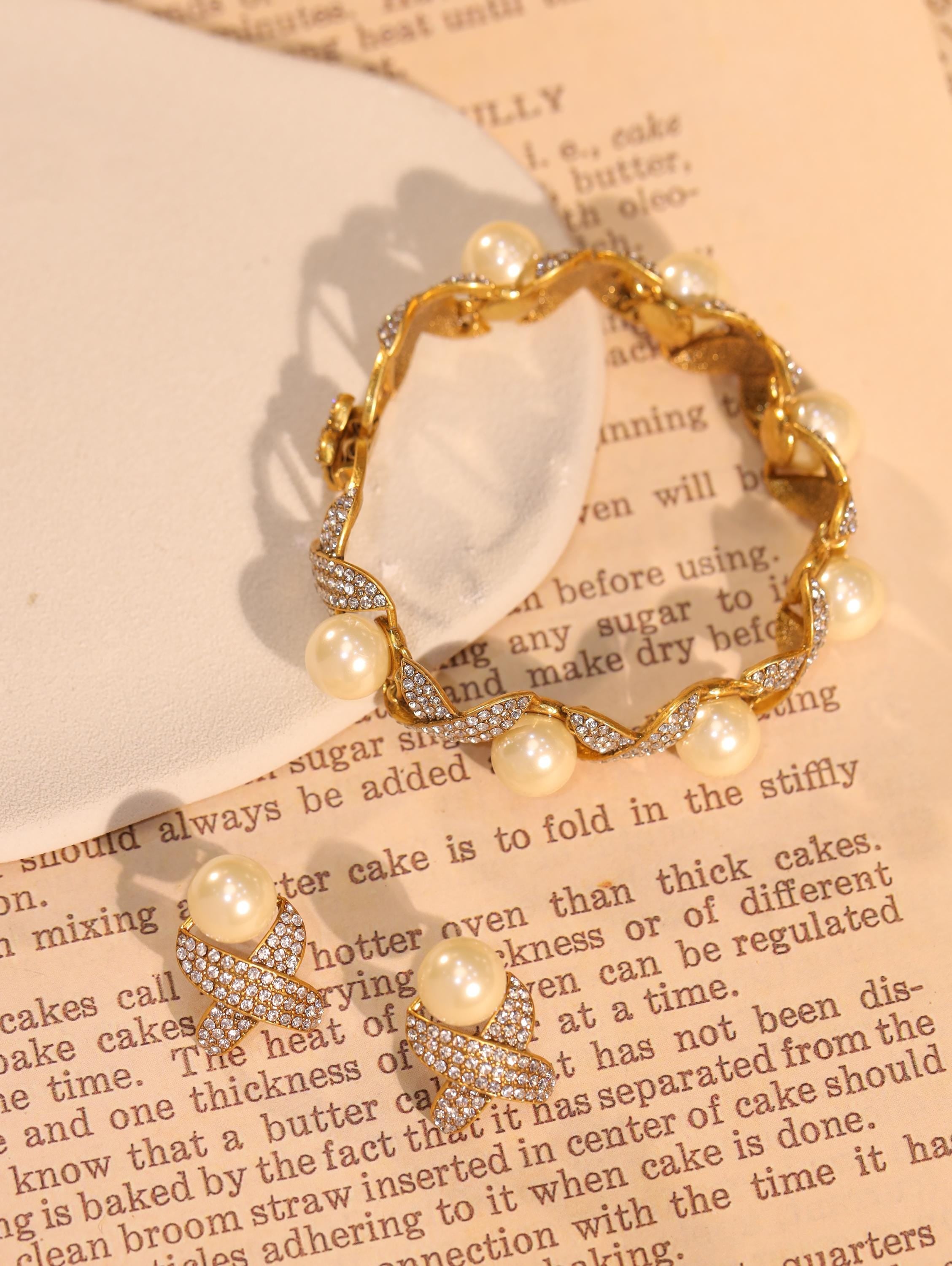 Luxury Pearl Bracelet & Earrings Set, 18K Gold Plated, Artisan Handcrafted with CZ Diamonds, Elegant High-End Boutique Jewelry