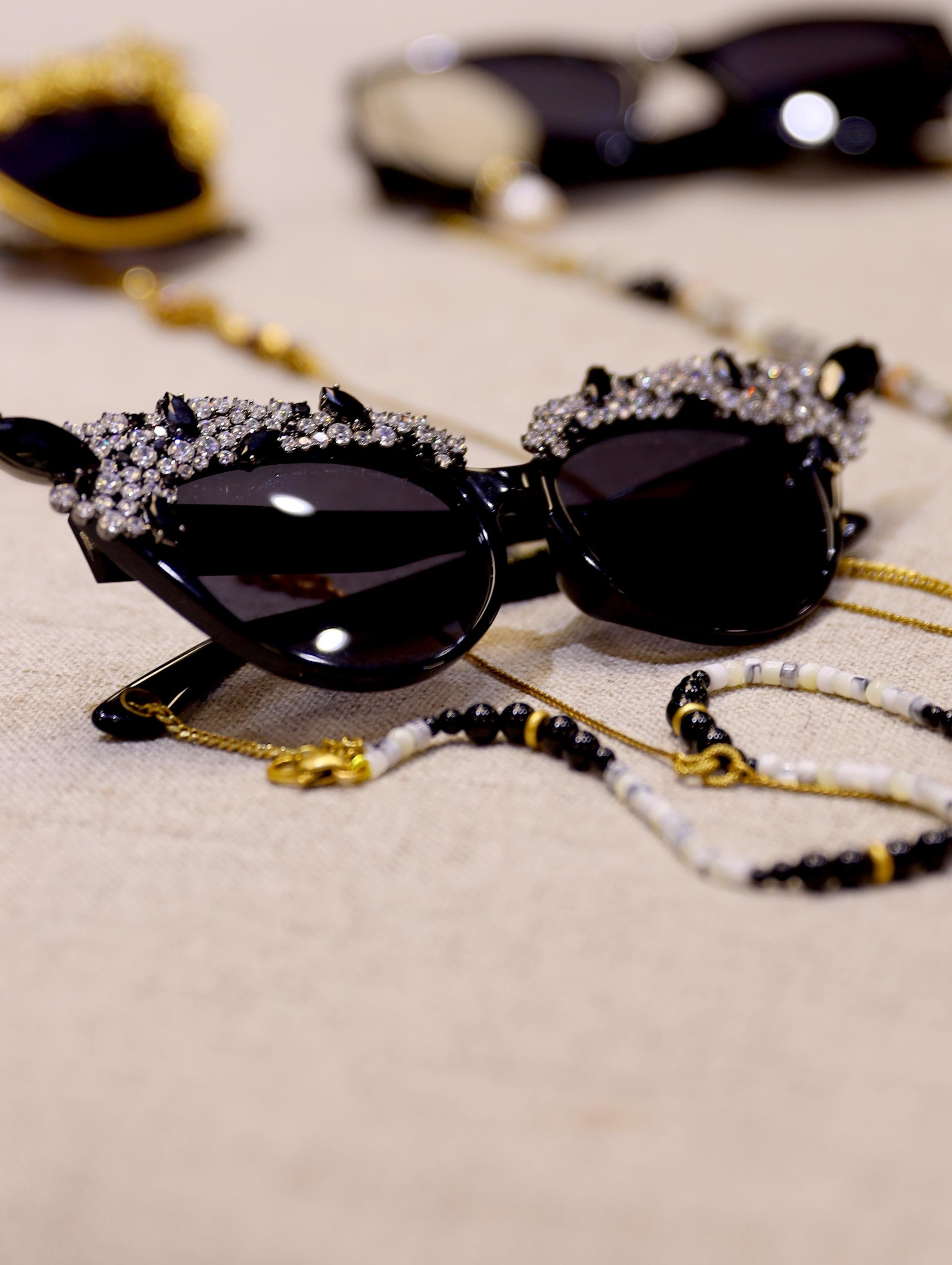 Crystal Embellished Cat Eye Sunglasses with Beaded Chain | Handmade Luxury Statement Eyewear with Natural Stone Holder for Fashionistas