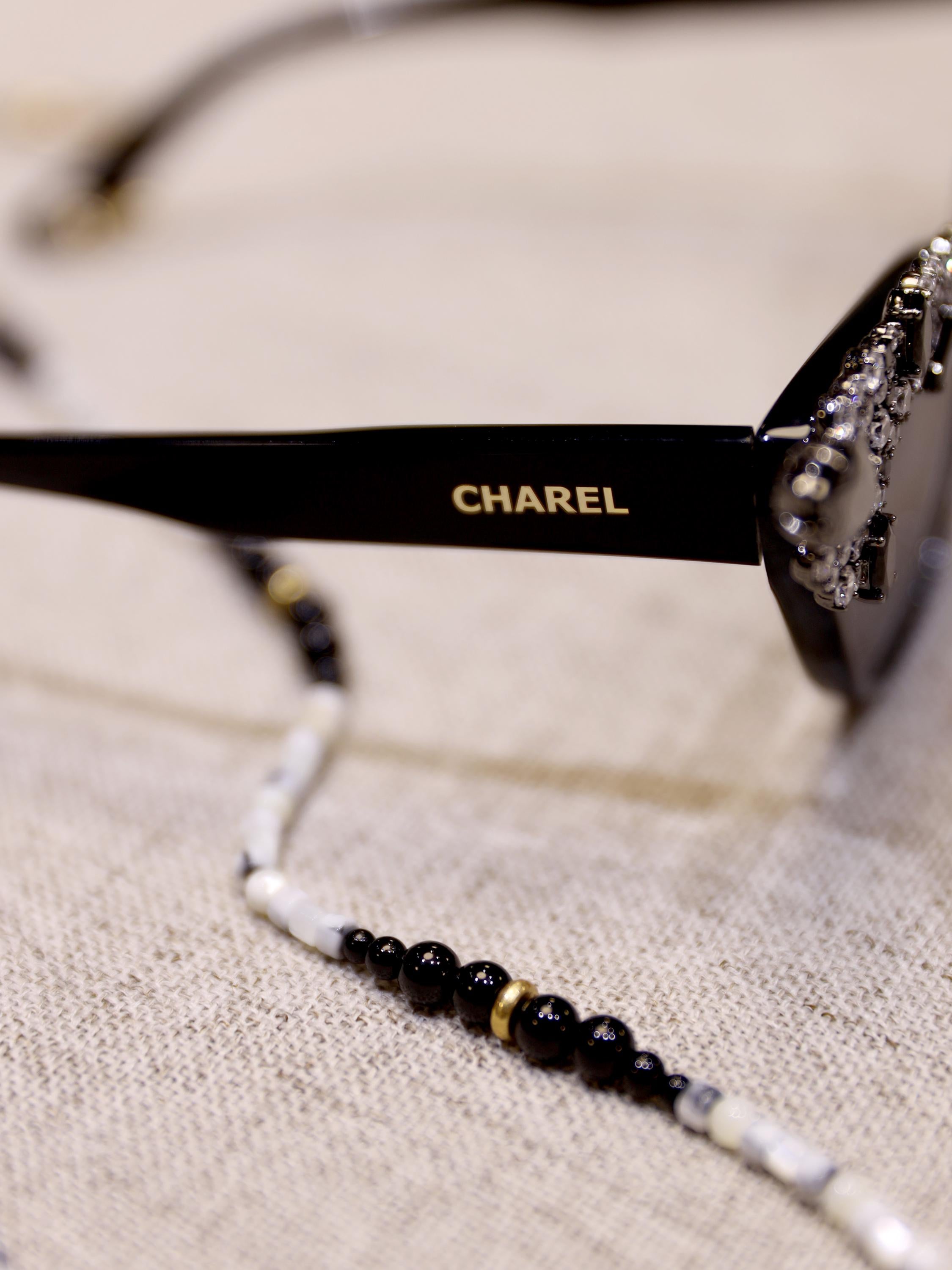Crystal Embellished Cat Eye Sunglasses with Beaded Chain | Handmade Luxury Statement Eyewear with Natural Stone Holder for Fashionistas