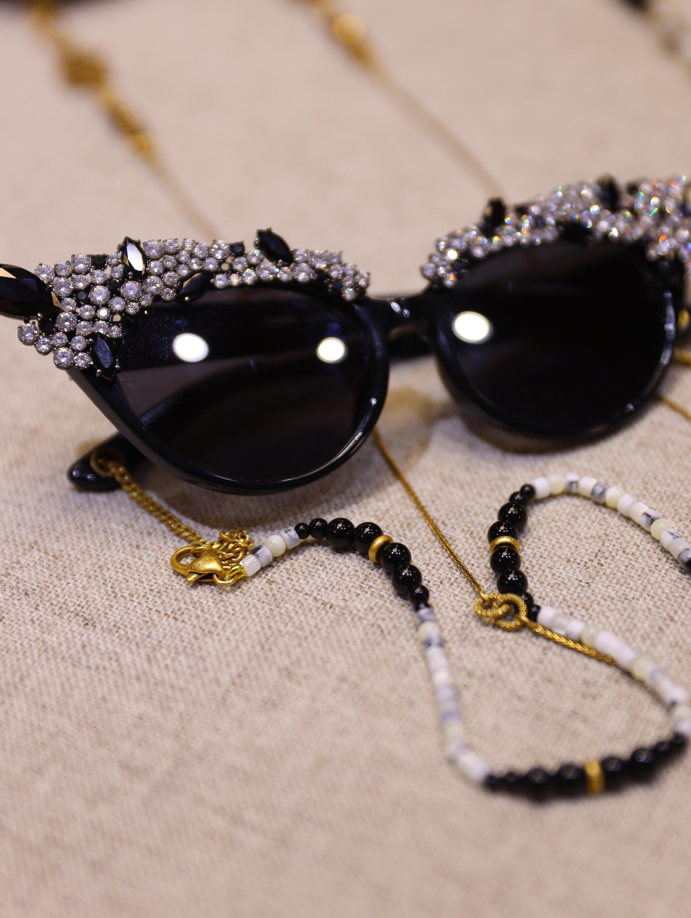 Crystal Embellished Cat Eye Sunglasses with Beaded Chain | Handmade Luxury Statement Eyewear with Natural Stone Holder for Fashionistas