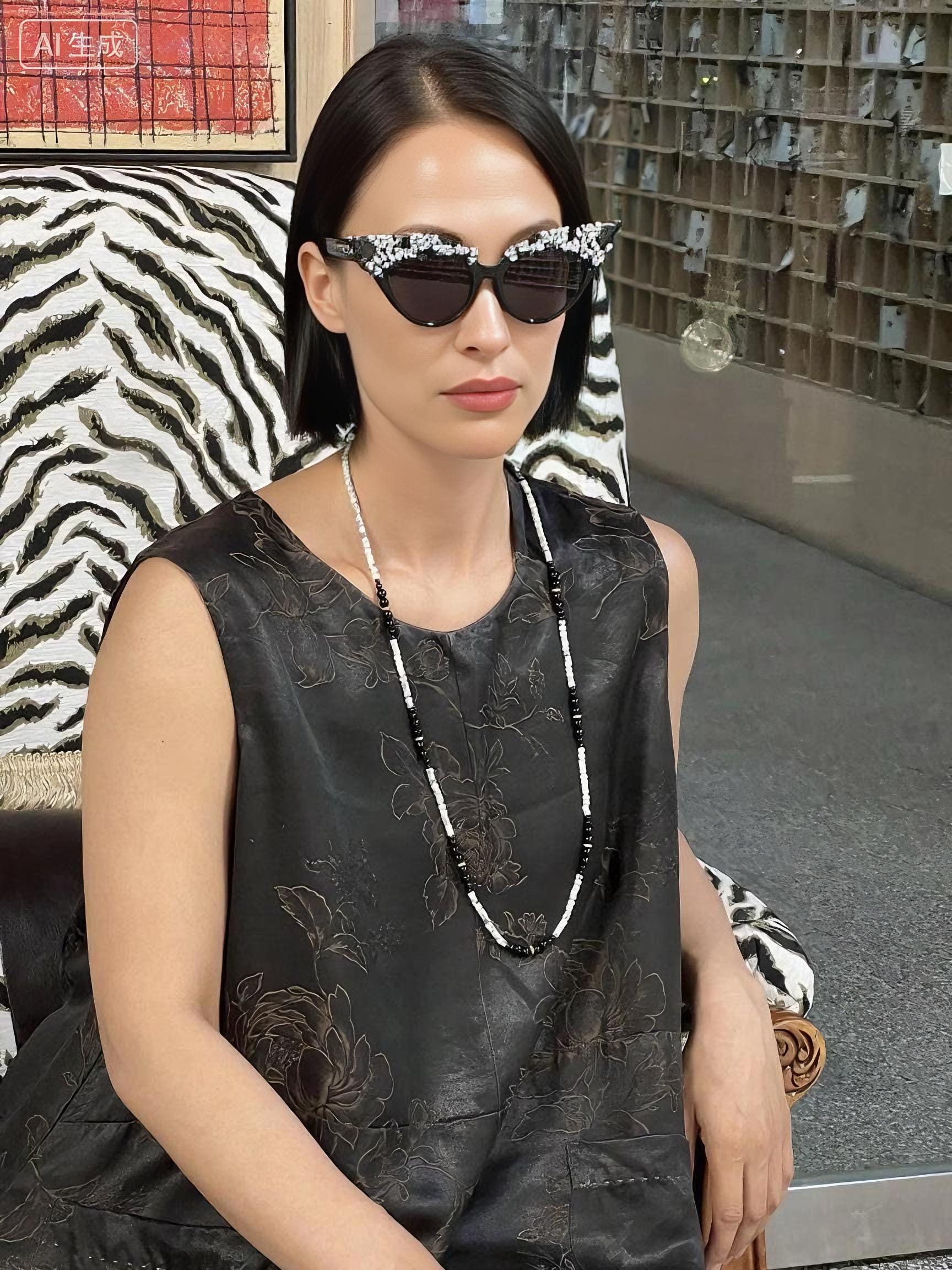 Crystal Embellished Cat Eye Sunglasses with Beaded Chain | Handmade Luxury Statement Eyewear with Natural Stone Holder for Fashionistas