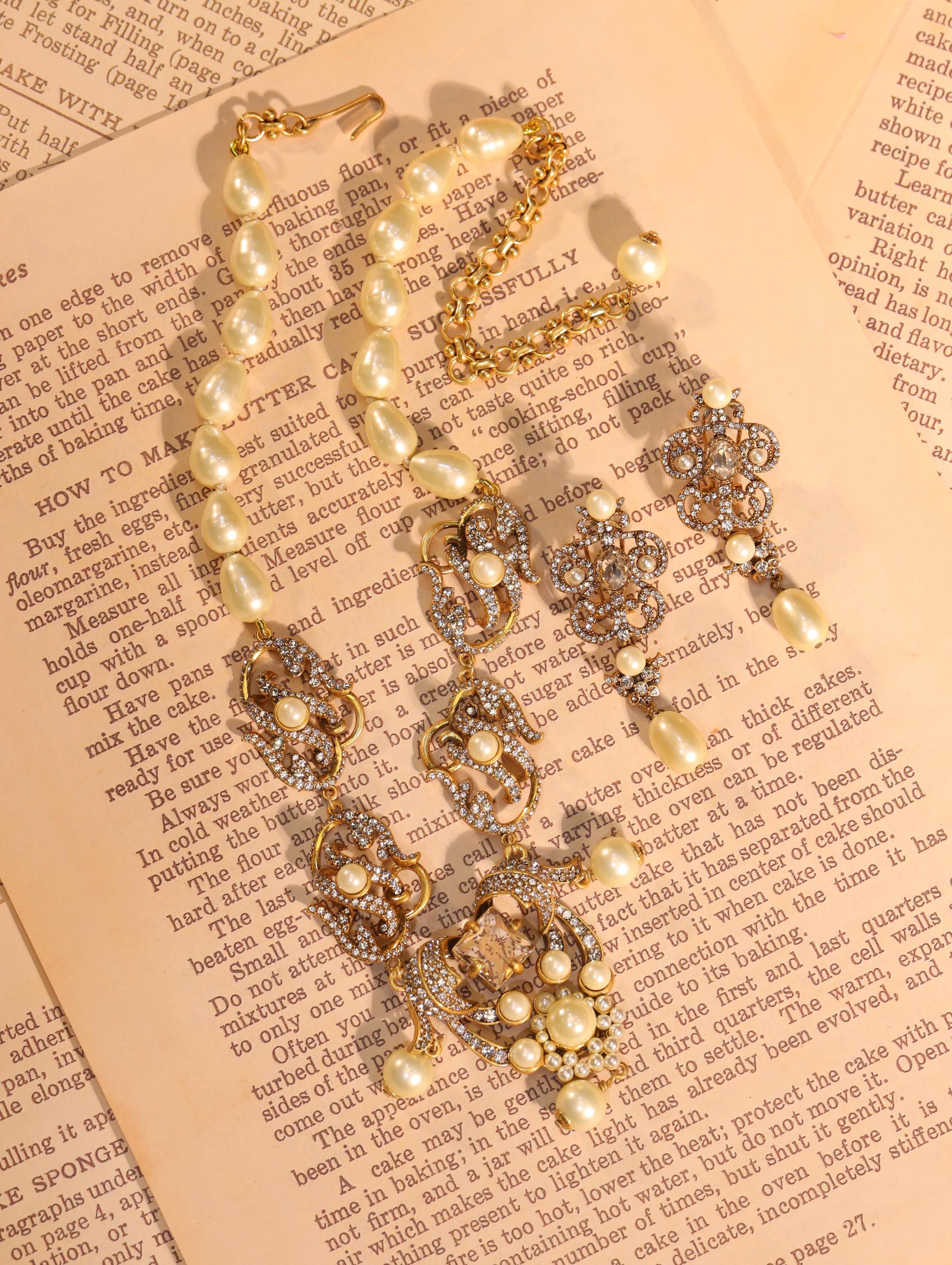 Luxury Vintage Pearl Necklace & Earrings Set, 18K Gold Plated, Swarovski Crystals, Baroque Inspired Handcrafted Jewelry for Collectors