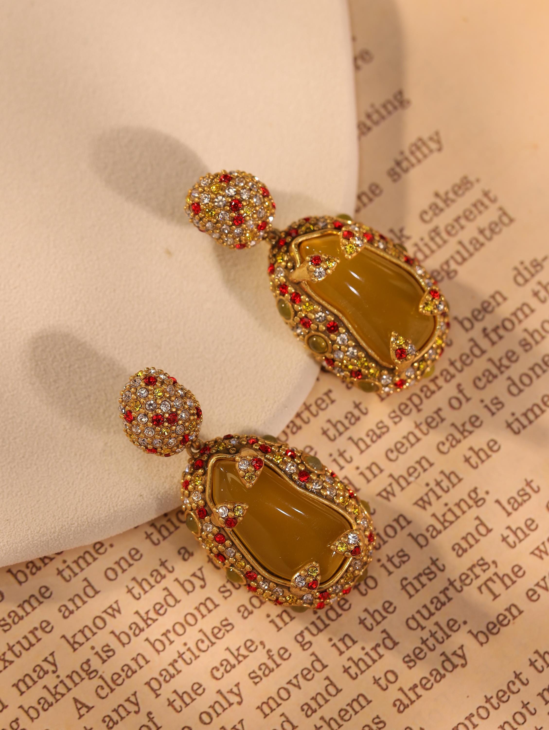 Luxury Vintage Gemstone Drop Earrings, 18K Gold Plated, Handcrafted with CZ Diamonds & Red Accents, High-End Royal Statement Jewelry