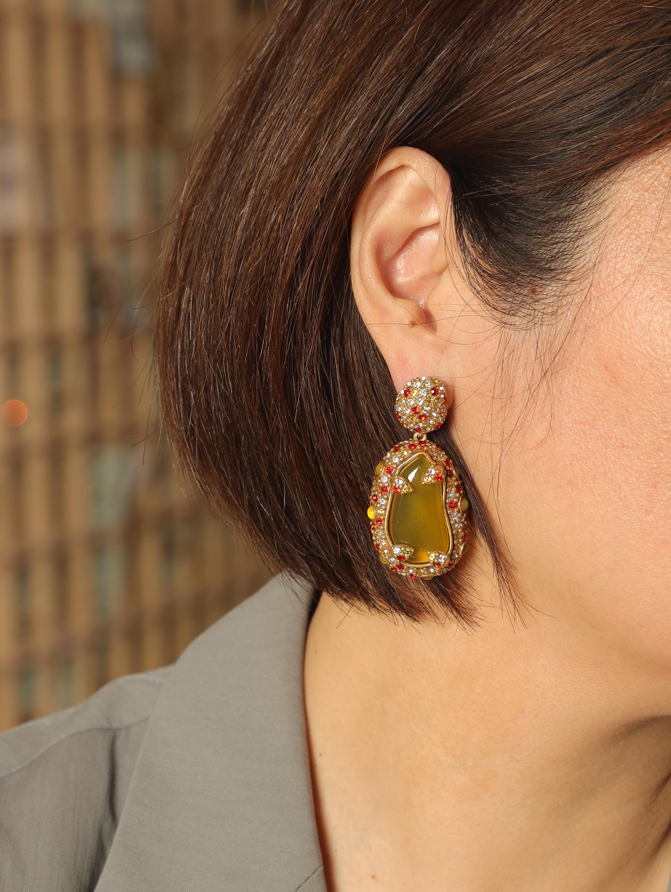 Luxury Vintage Gemstone Drop Earrings, 18K Gold Plated, Handcrafted with CZ Diamonds & Red Accents, High-End Royal Statement Jewelry