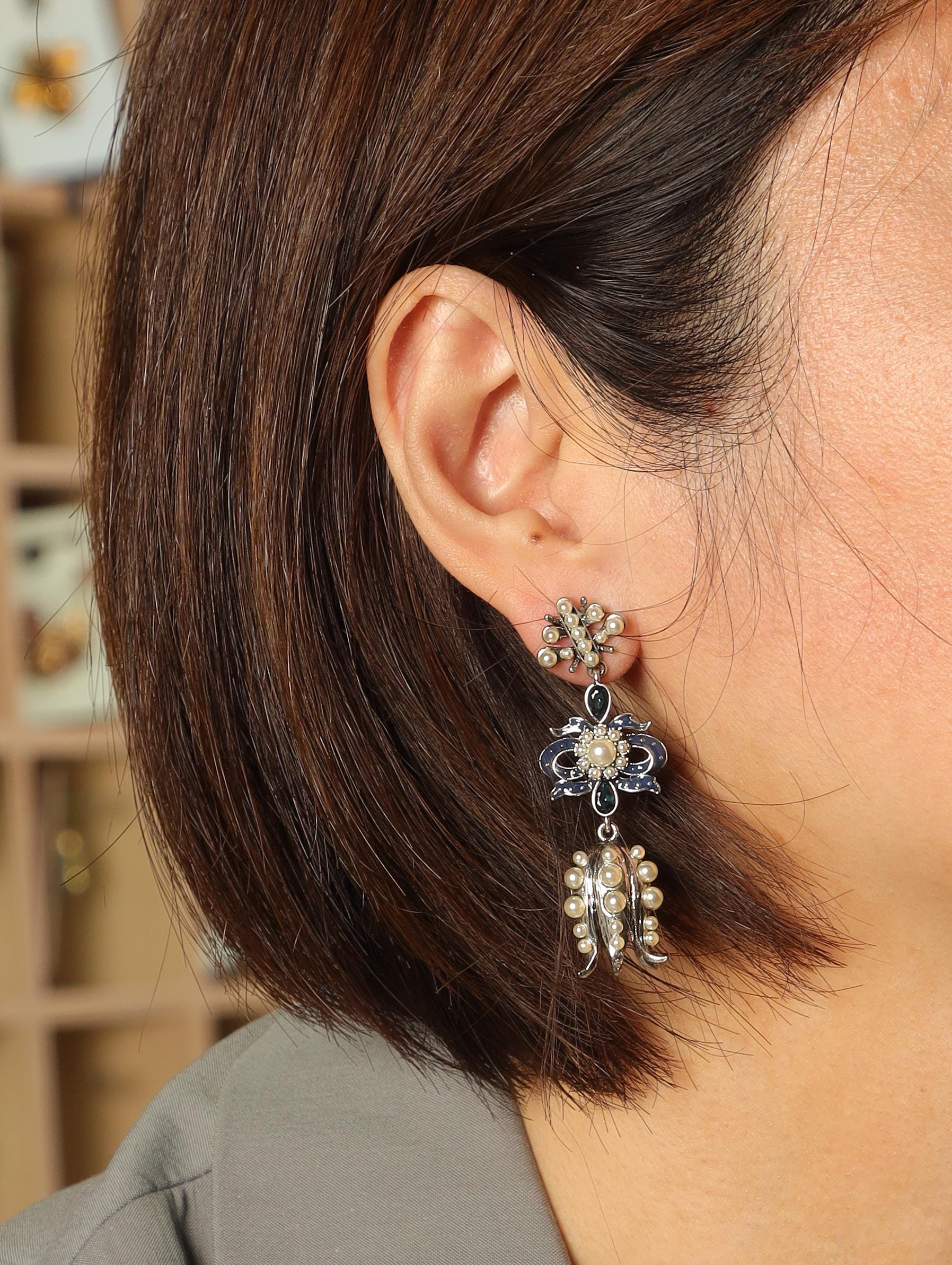 Luxury Baroque Drop Earrings, Swarovski Crystals & Pearls, Handcrafted Enamel, Antique Silver Plated, High-End Vintage Collector Jewelry