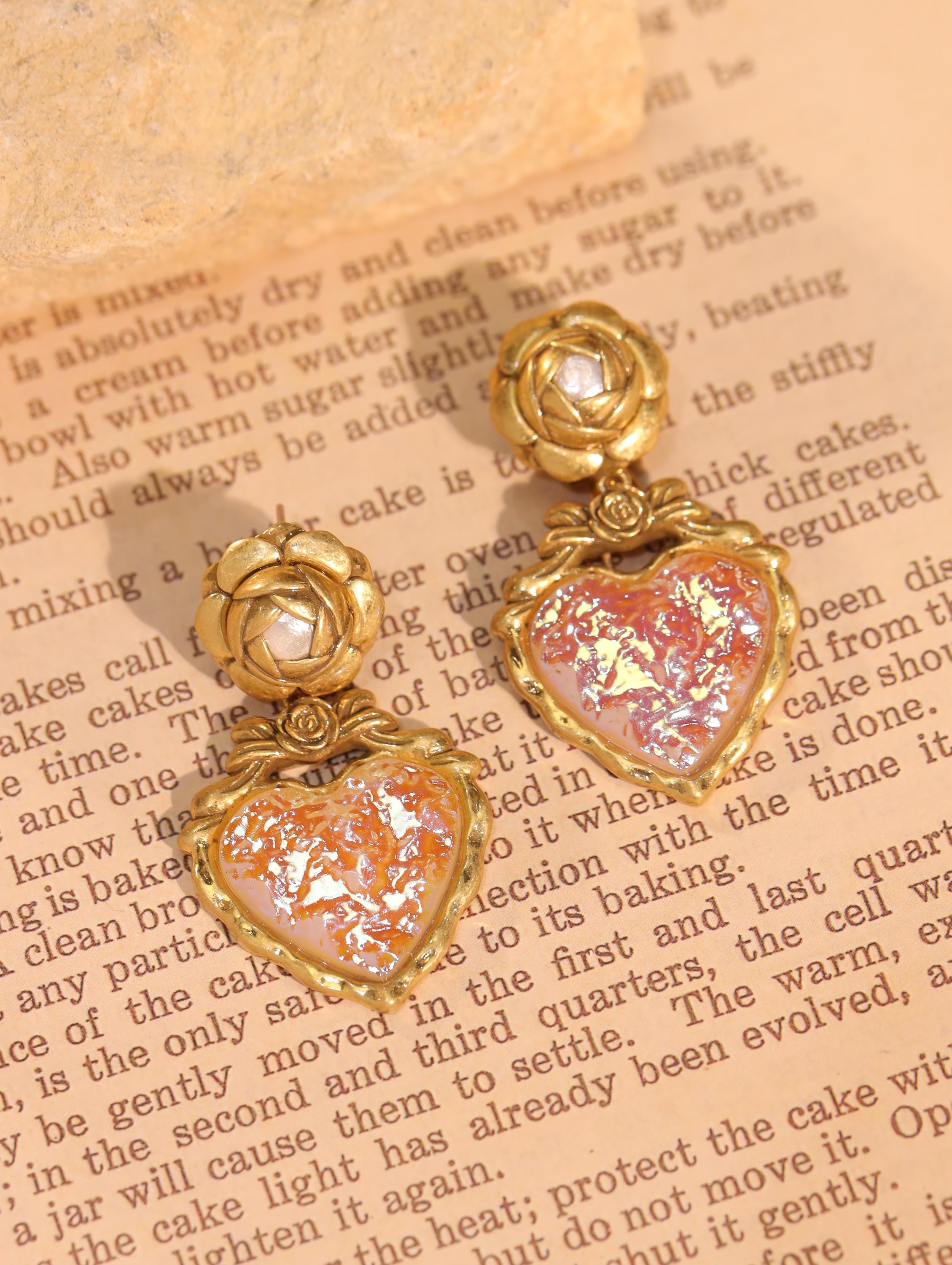 Luxury Vintage Heart Earrings, 18K Gold Plated, Handcrafted Floral Design with Enamel & Crushed Foil Inlay, Boutique Collector Jewelry