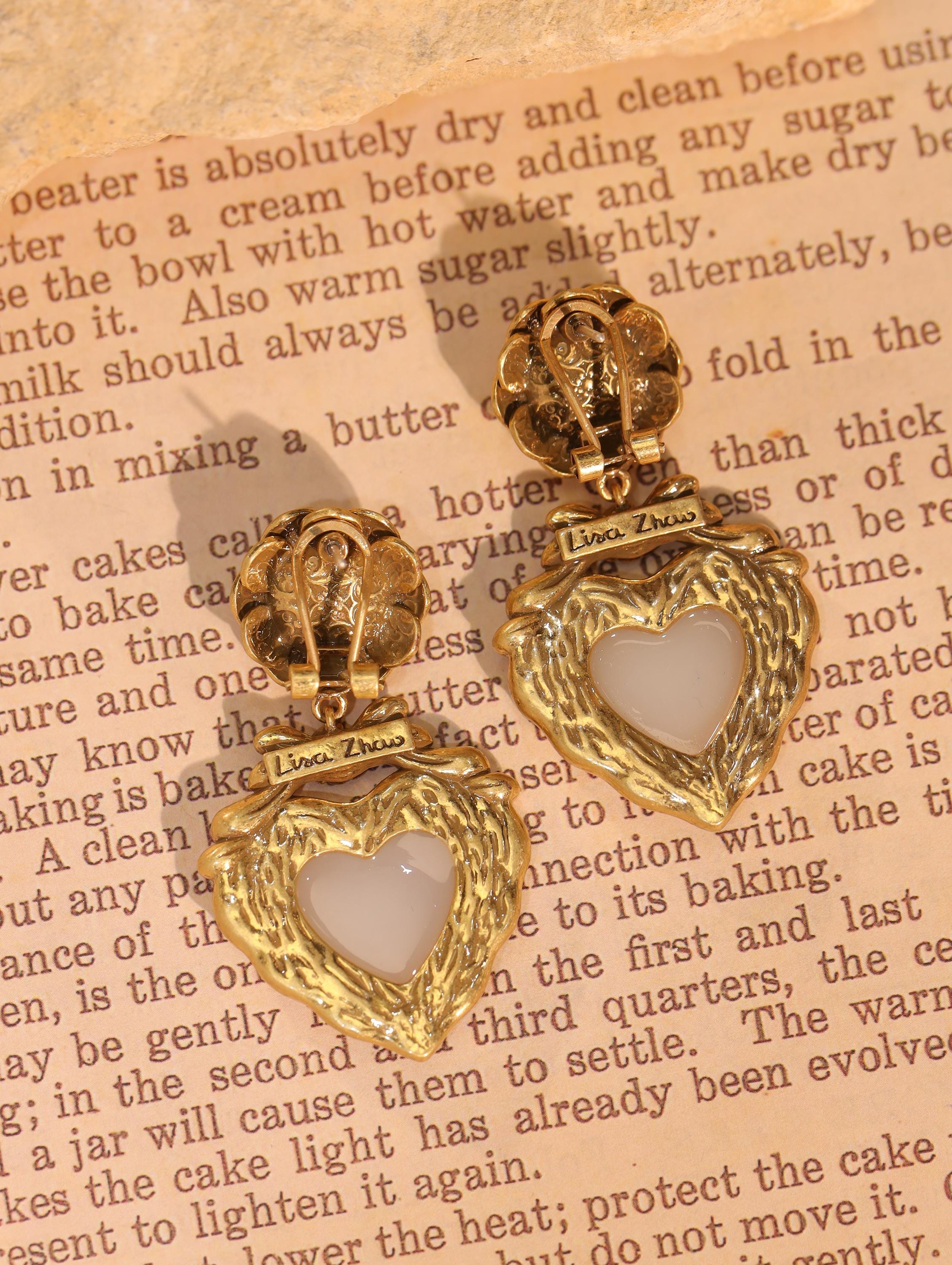 Luxury Vintage Heart Earrings, 18K Gold Plated, Handcrafted Floral Design with Enamel & Crushed Foil Inlay, Boutique Collector Jewelry