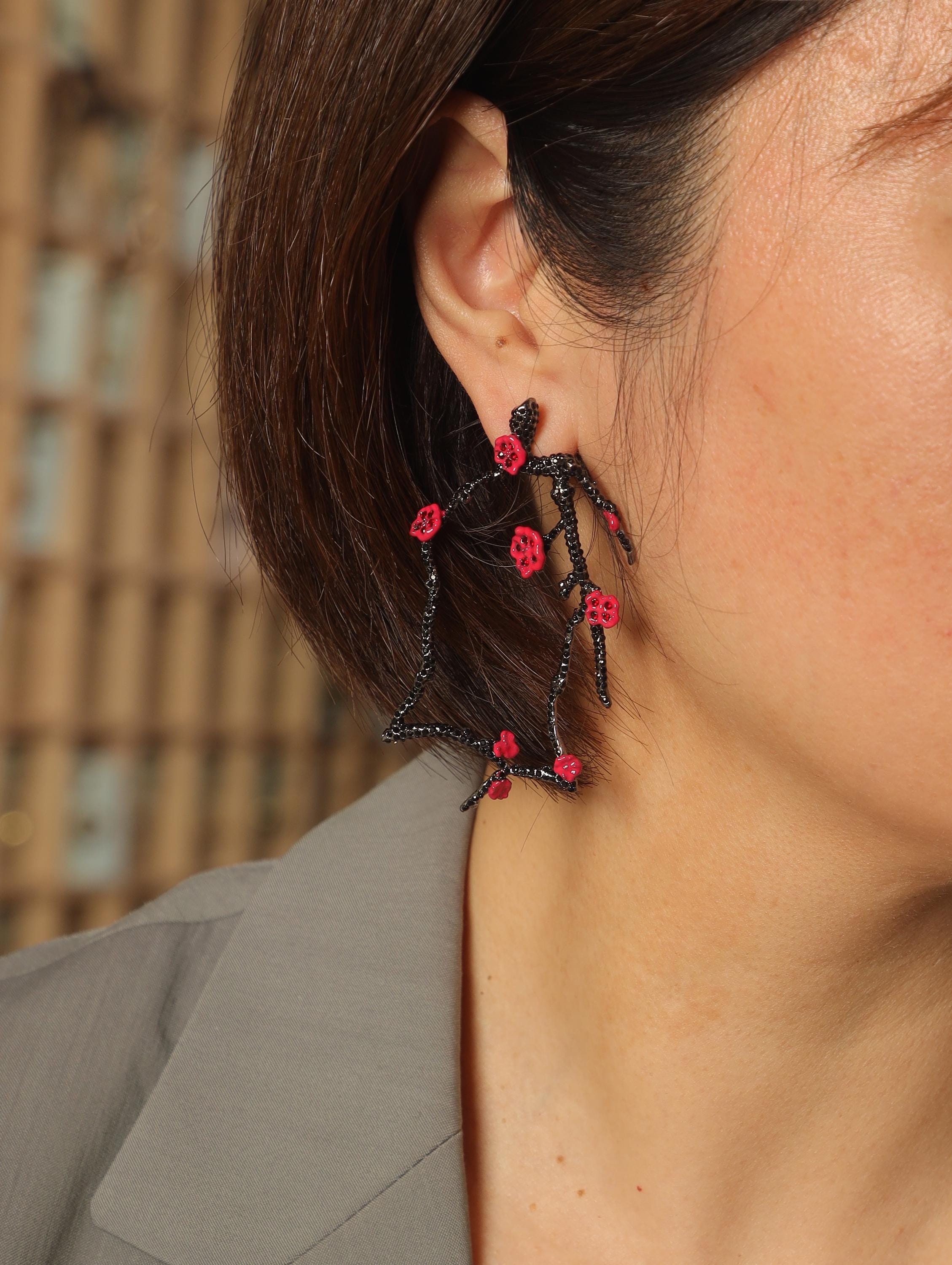 Unique Handmade Black Branch Earrings, Rare Artistic Floral Jewelry, Red Beaded Dangle, One-of-a-Kind Statement Earrings for Her