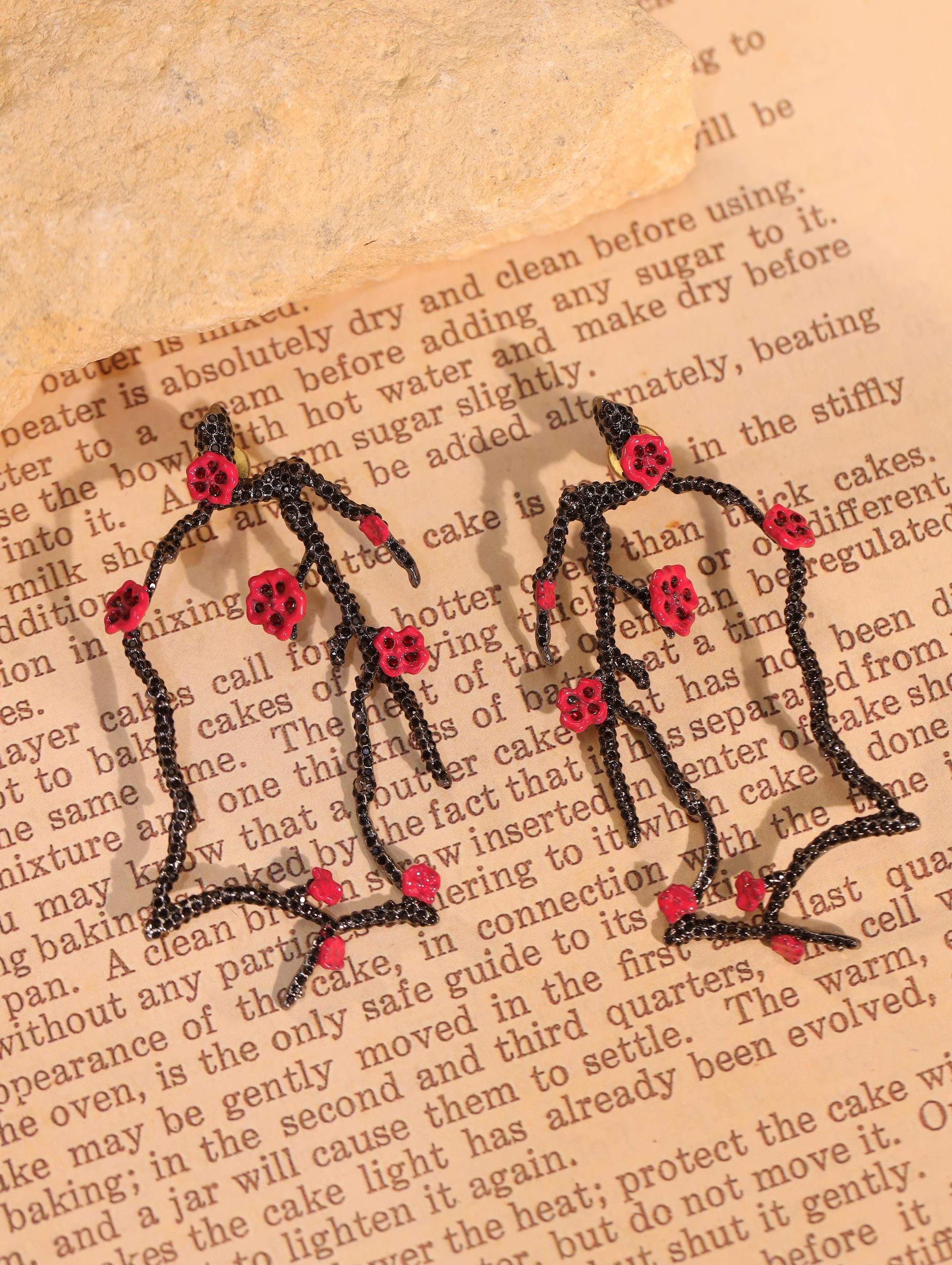 Unique Handmade Black Branch Earrings, Rare Artistic Floral Jewelry, Red Beaded Dangle, One-of-a-Kind Statement Earrings for Her