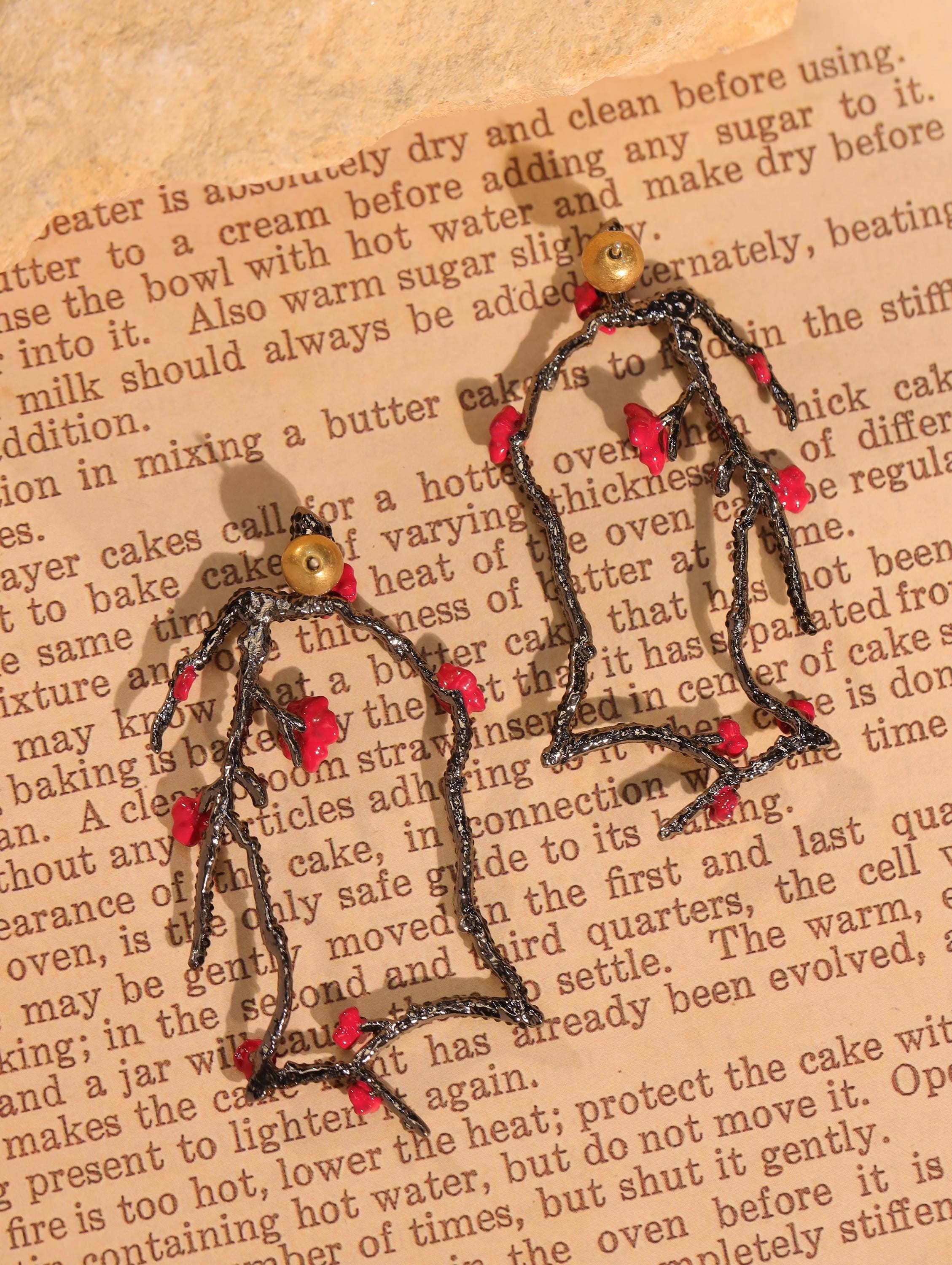 Unique Handmade Black Branch Earrings, Rare Artistic Floral Jewelry, Red Beaded Dangle, One-of-a-Kind Statement Earrings for Her