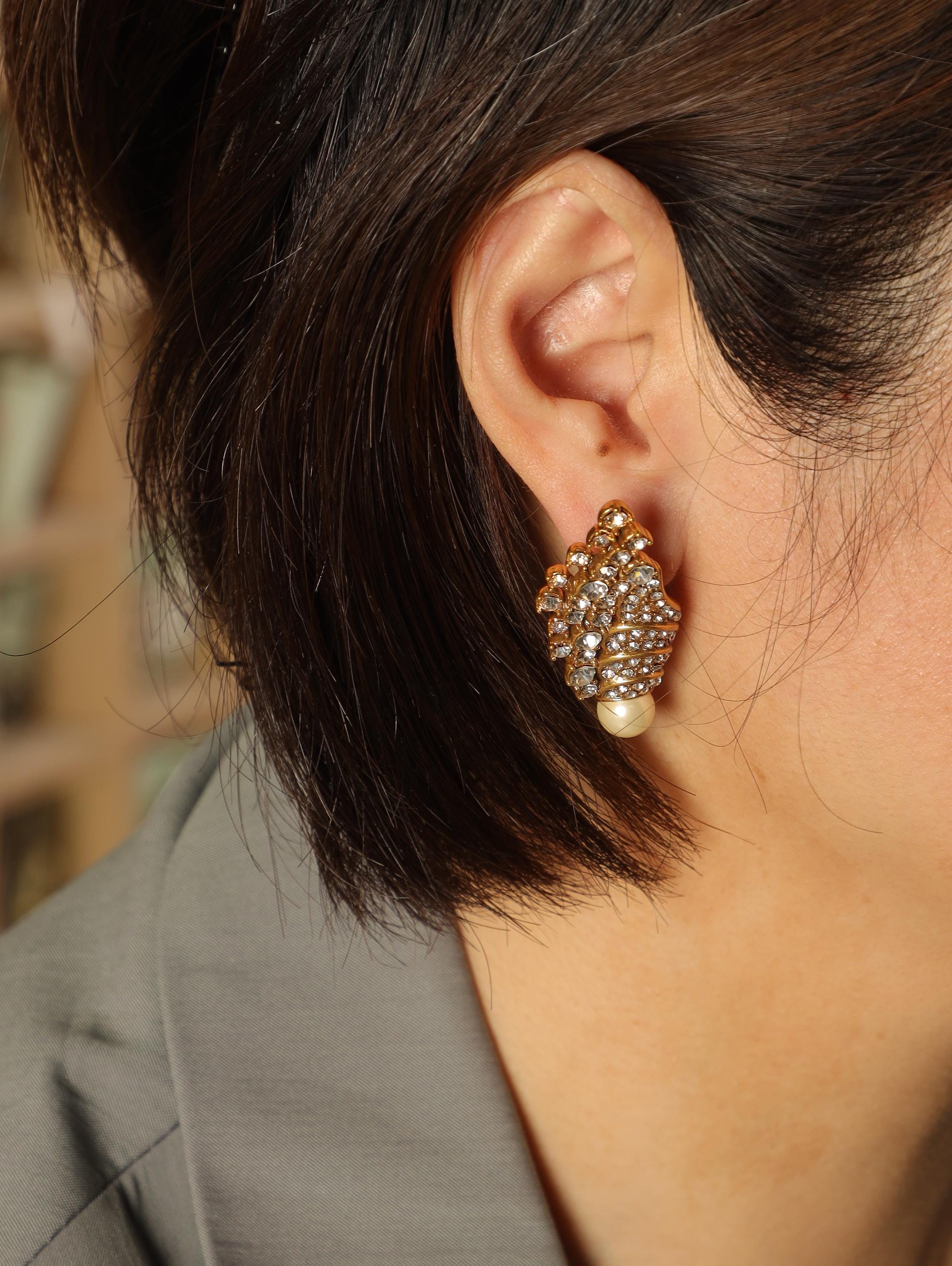 Luxury Swarovski Crystal & Pearl Statement Earrings | Handmade Vintage-Inspired Gold Clip-On Jewelry | Elegant Heirloom Design