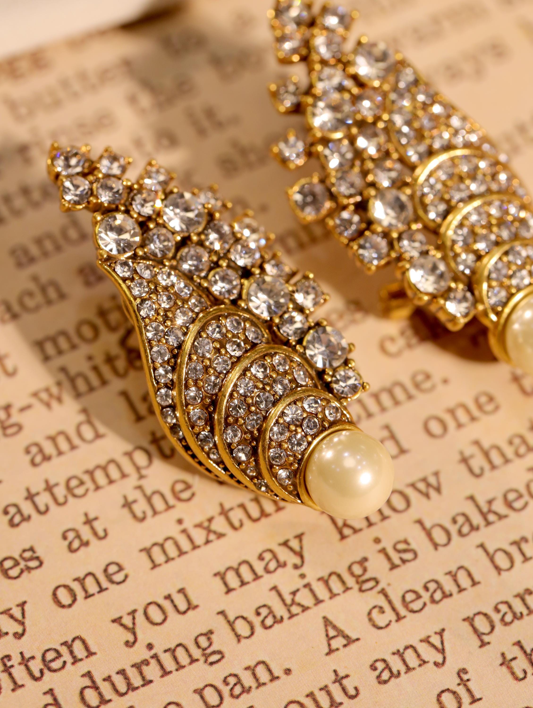 Luxury Swarovski Crystal & Pearl Statement Earrings | Handmade Vintage-Inspired Gold Clip-On Jewelry | Elegant Heirloom Design