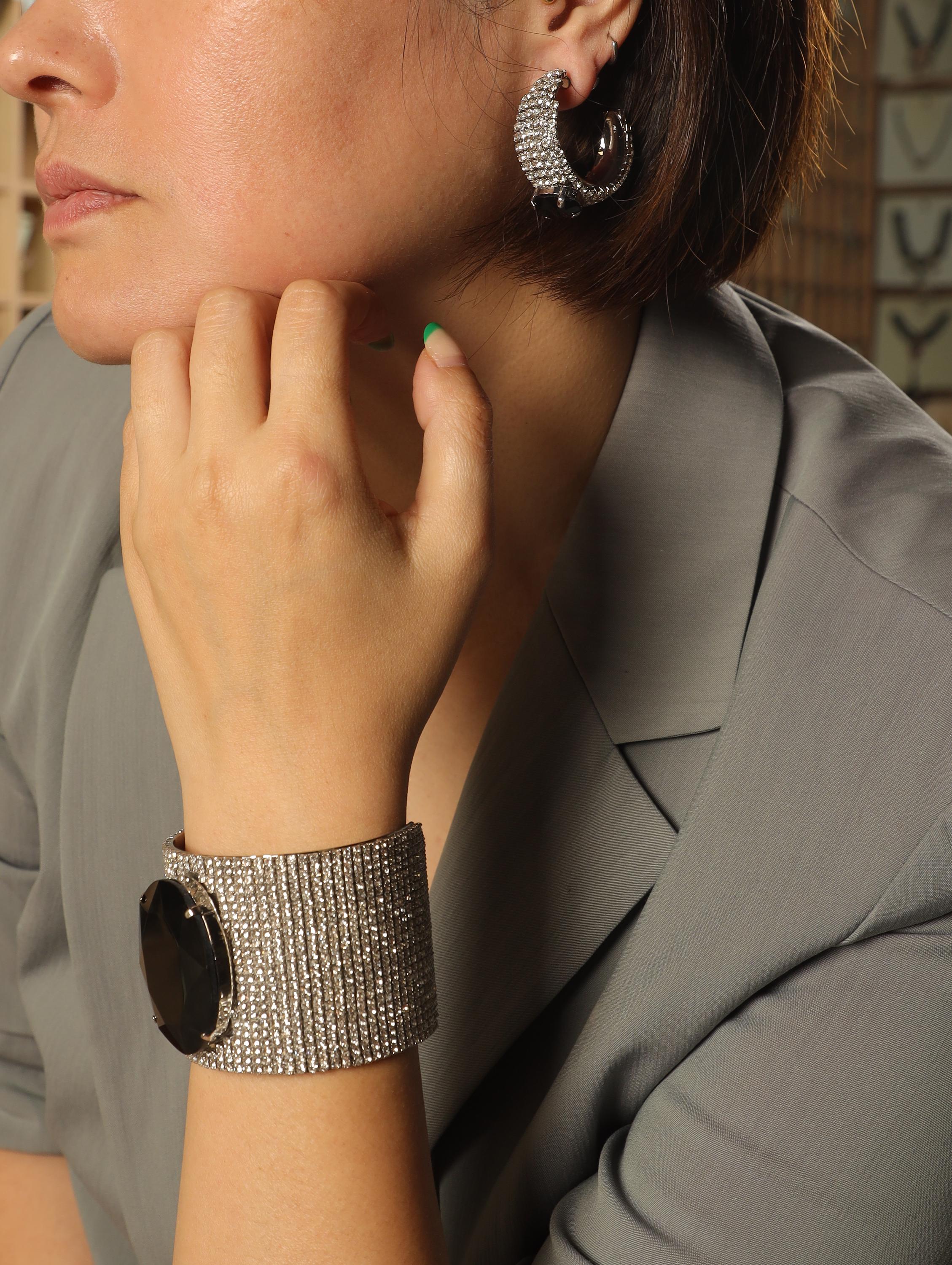 Black Crystal Statement Cuff & Clip-On Earrings Set | Swarovski Paved Silver Jewelry | Modern Luxury Artisan Gift for Elegant Women