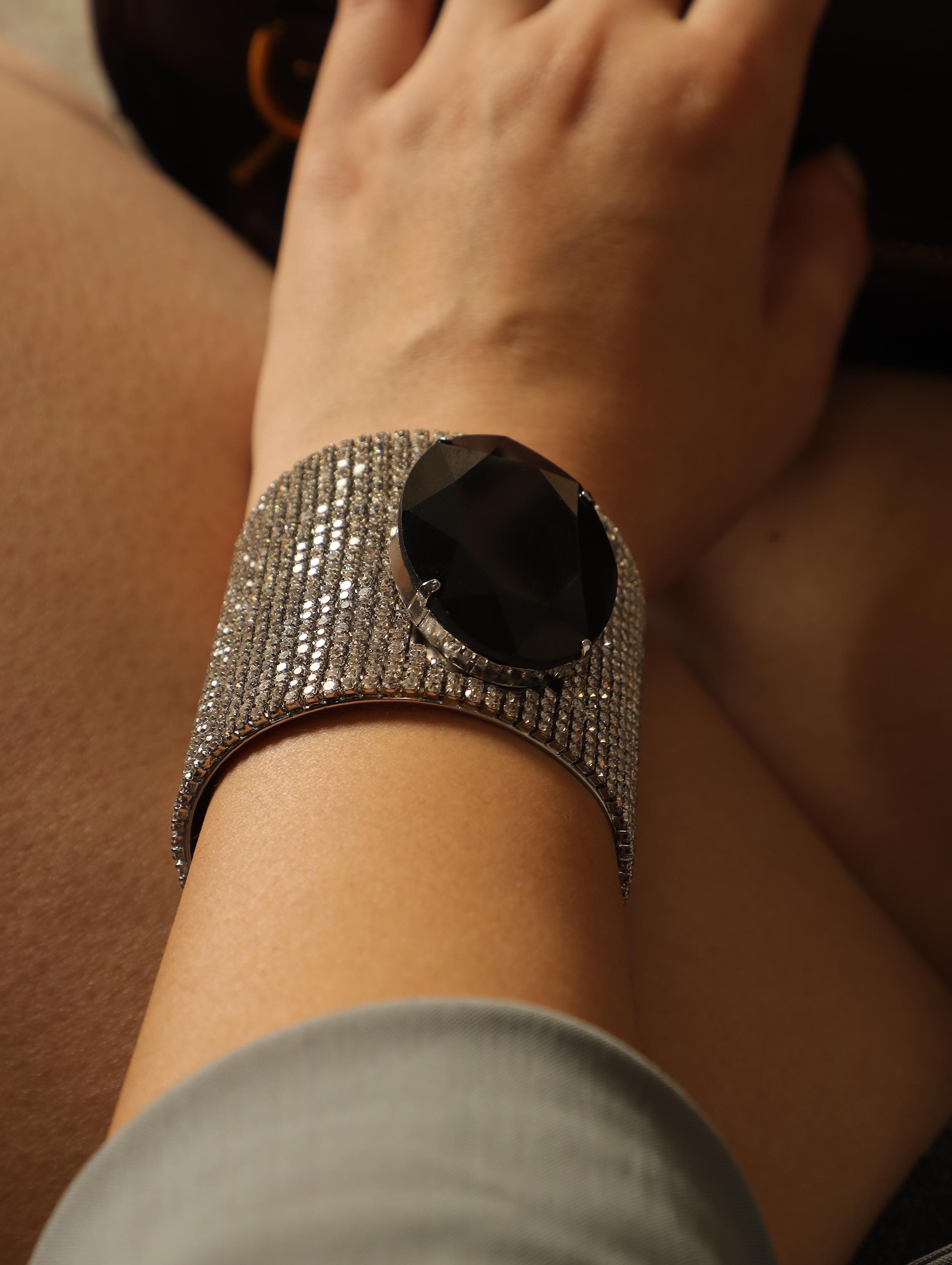 Black Crystal Statement Cuff & Clip-On Earrings Set | Swarovski Paved Silver Jewelry | Modern Luxury Artisan Gift for Elegant Women