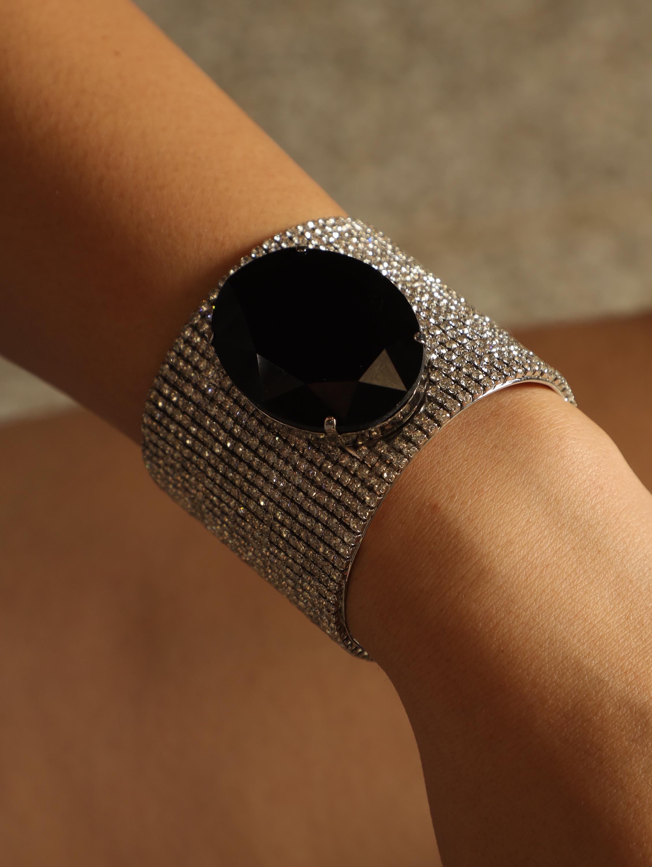 Black Crystal Statement Cuff & Clip-On Earrings Set | Swarovski Paved Silver Jewelry | Modern Luxury Artisan Gift for Elegant Women