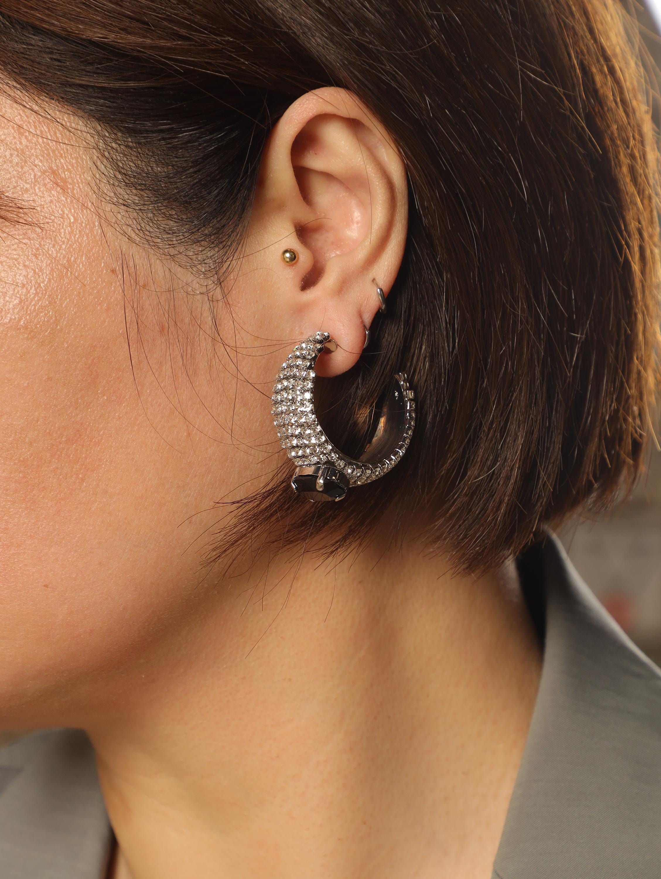 Black Crystal Statement Cuff & Clip-On Earrings Set | Swarovski Paved Silver Jewelry | Modern Luxury Artisan Gift for Elegant Women