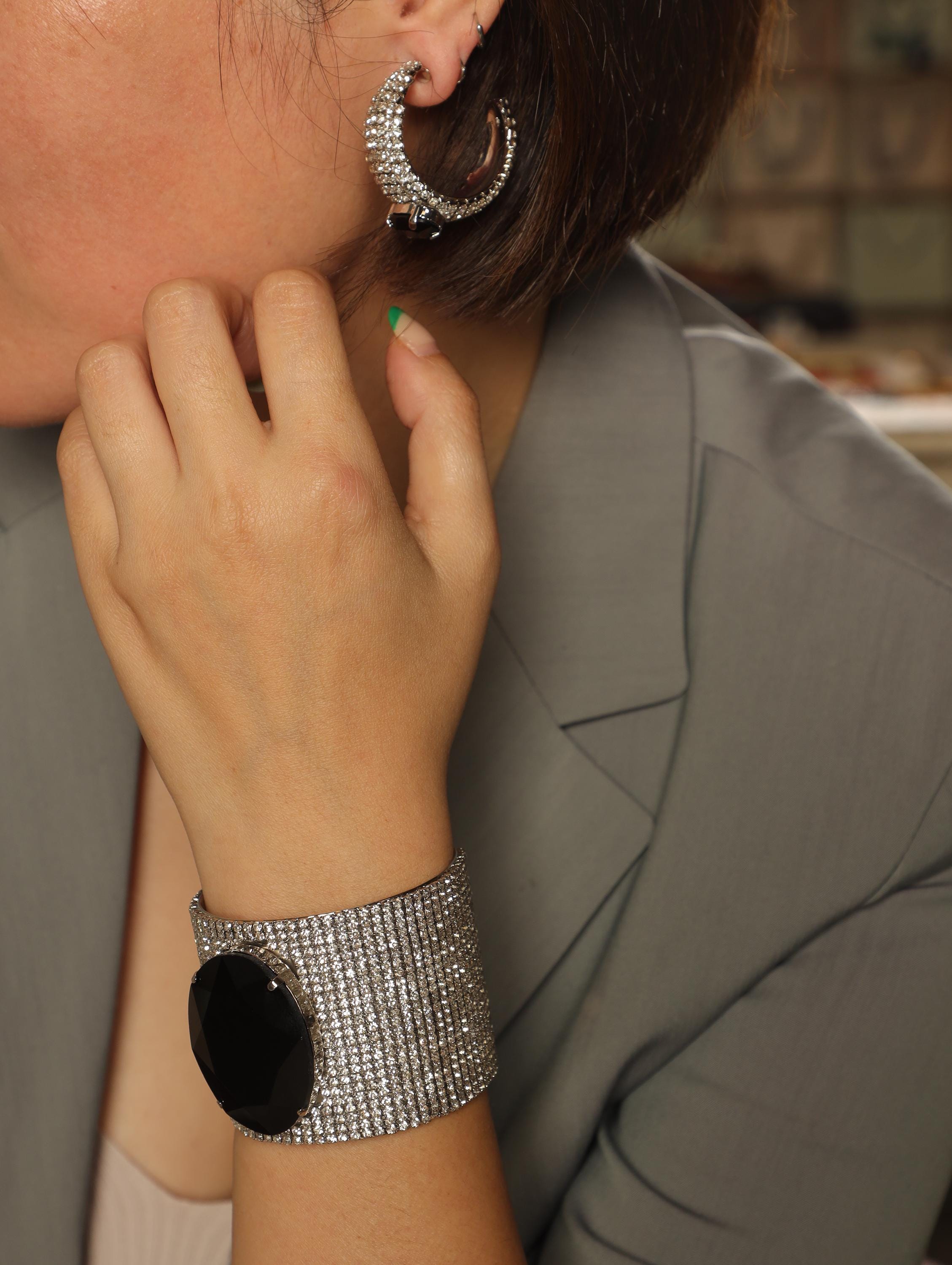 Black Crystal Statement Cuff & Clip-On Earrings Set | Swarovski Paved Silver Jewelry | Modern Luxury Artisan Gift for Elegant Women
