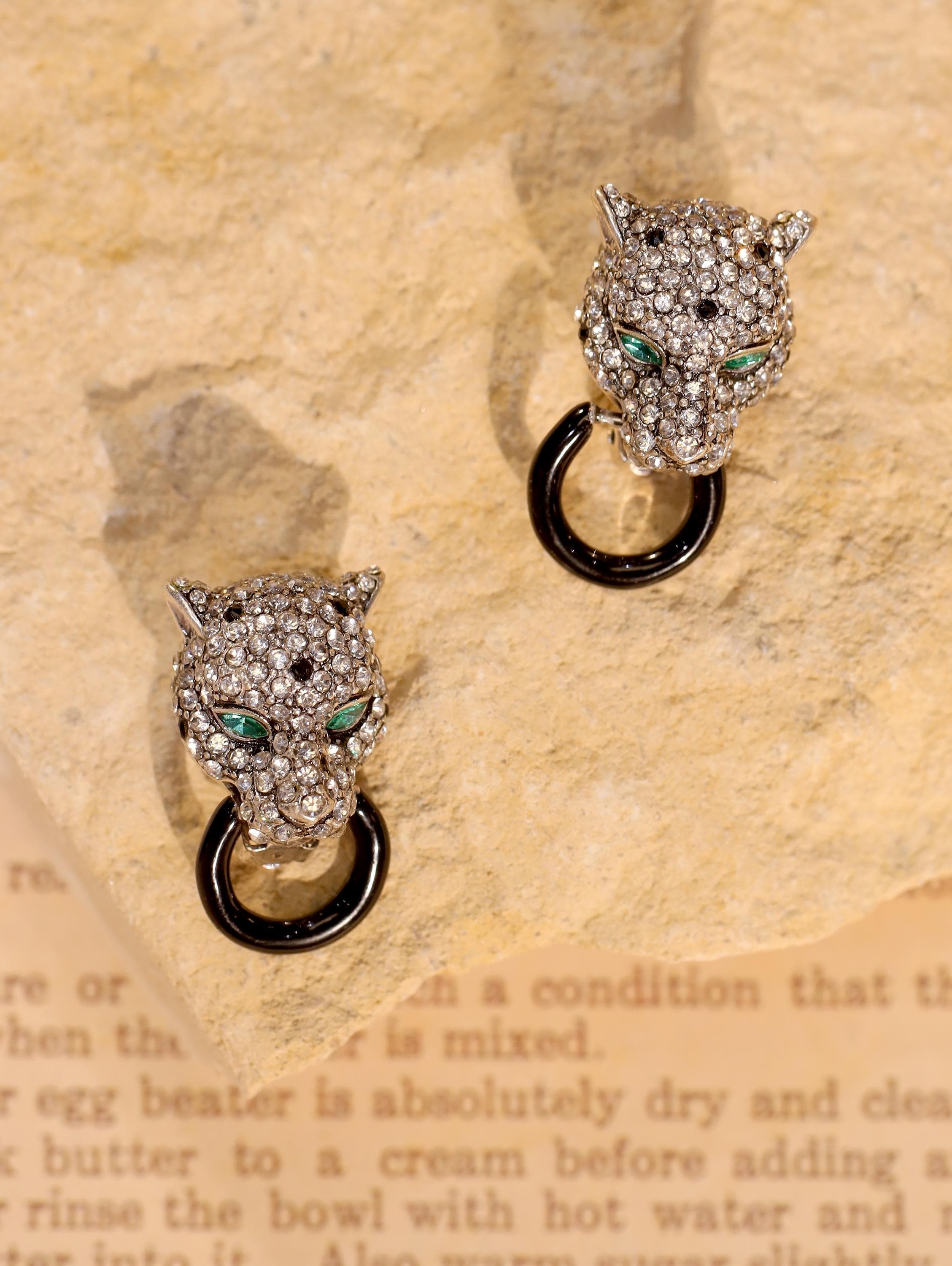 Crystal Leopard Head Clip-On Earrings | Unique Small-Batch Jewelry | Green Eyes, Black Hoop, Bold Luxury Statement for Fashion Elites