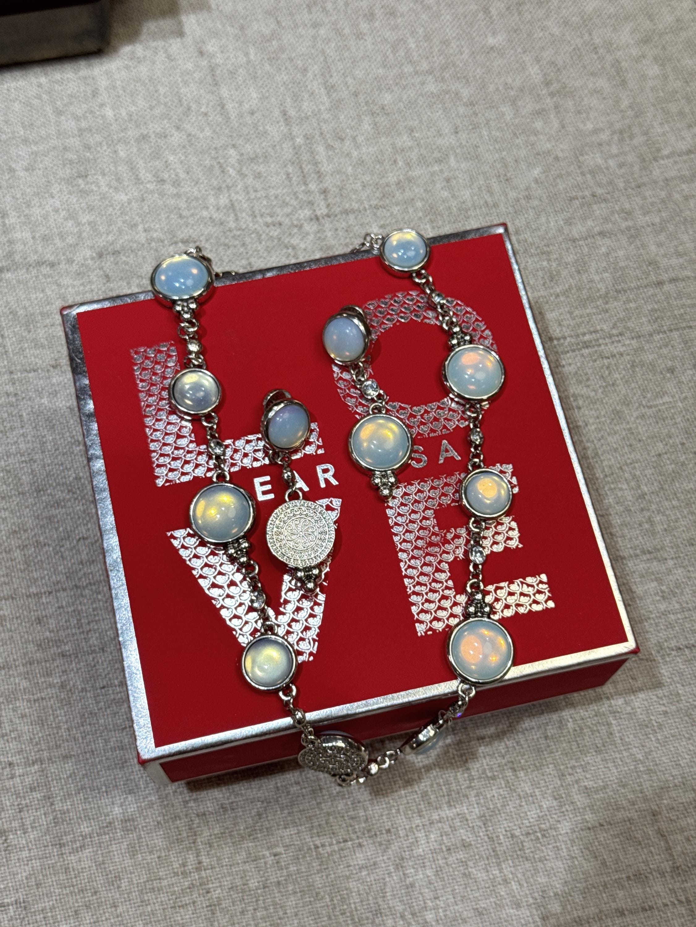 Natural Blue Opal & Swarovski Necklace and Earrings Set | Platinum Plated Hypoallergenic Jewelry | Elegant Handmade Luxury Gift